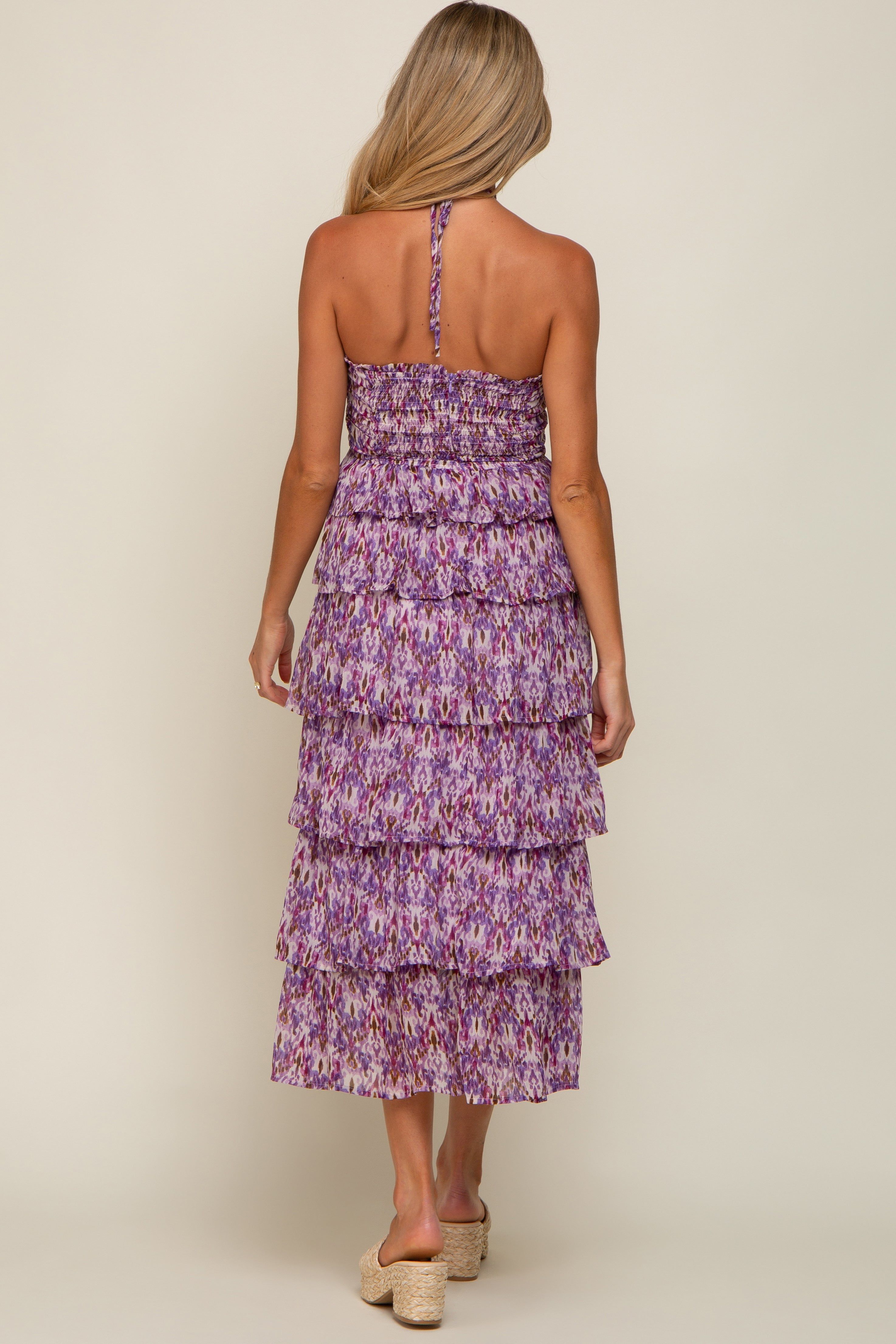 Purple Smocked Ruffle Tiered Halter Maternity Midi Dress sold by Pinkblush product image thumbnail 3