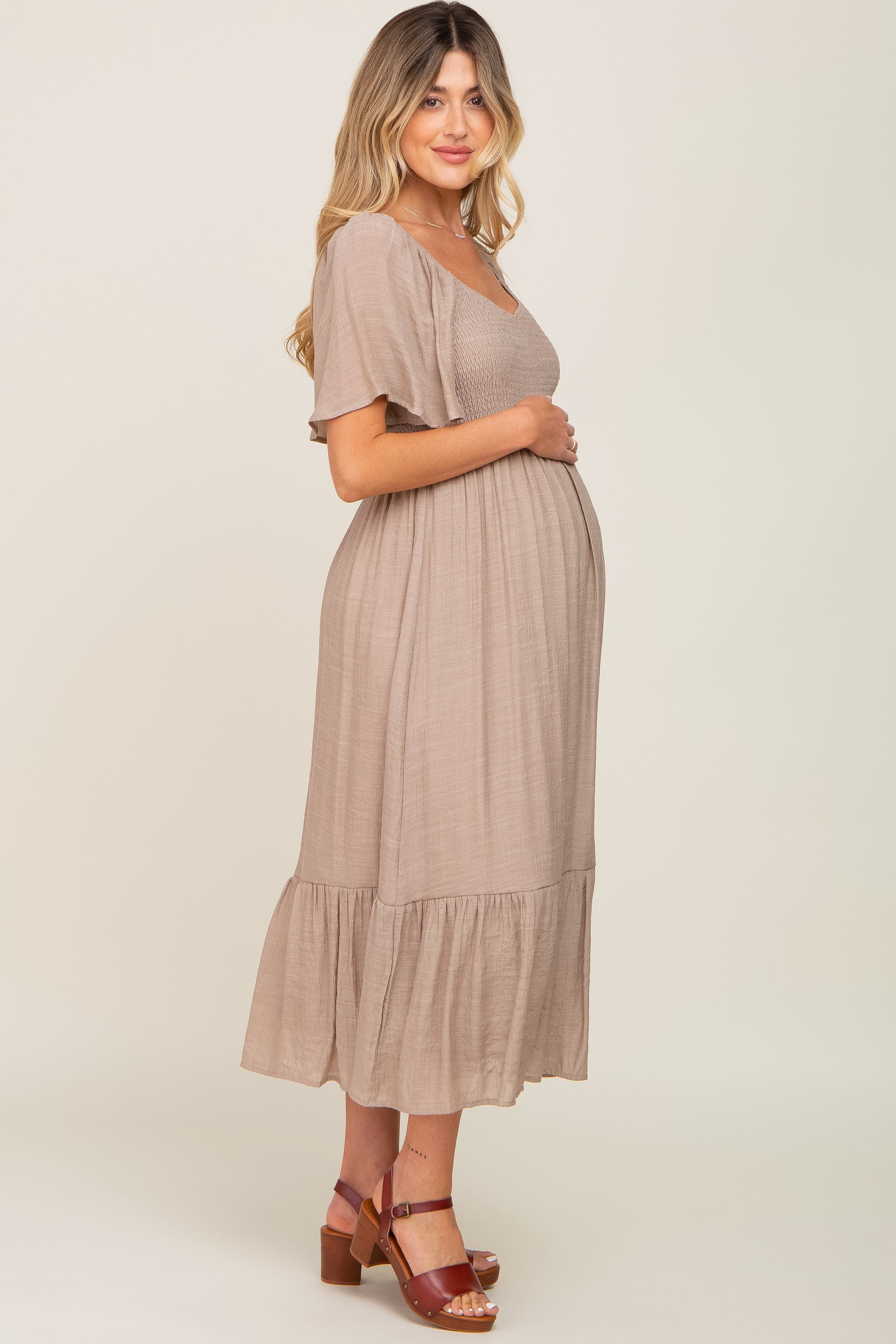 Mocha Smocked Ruffle Hem Maternity Maxi Dress sold by Pinkblush product image thumbnail 2
