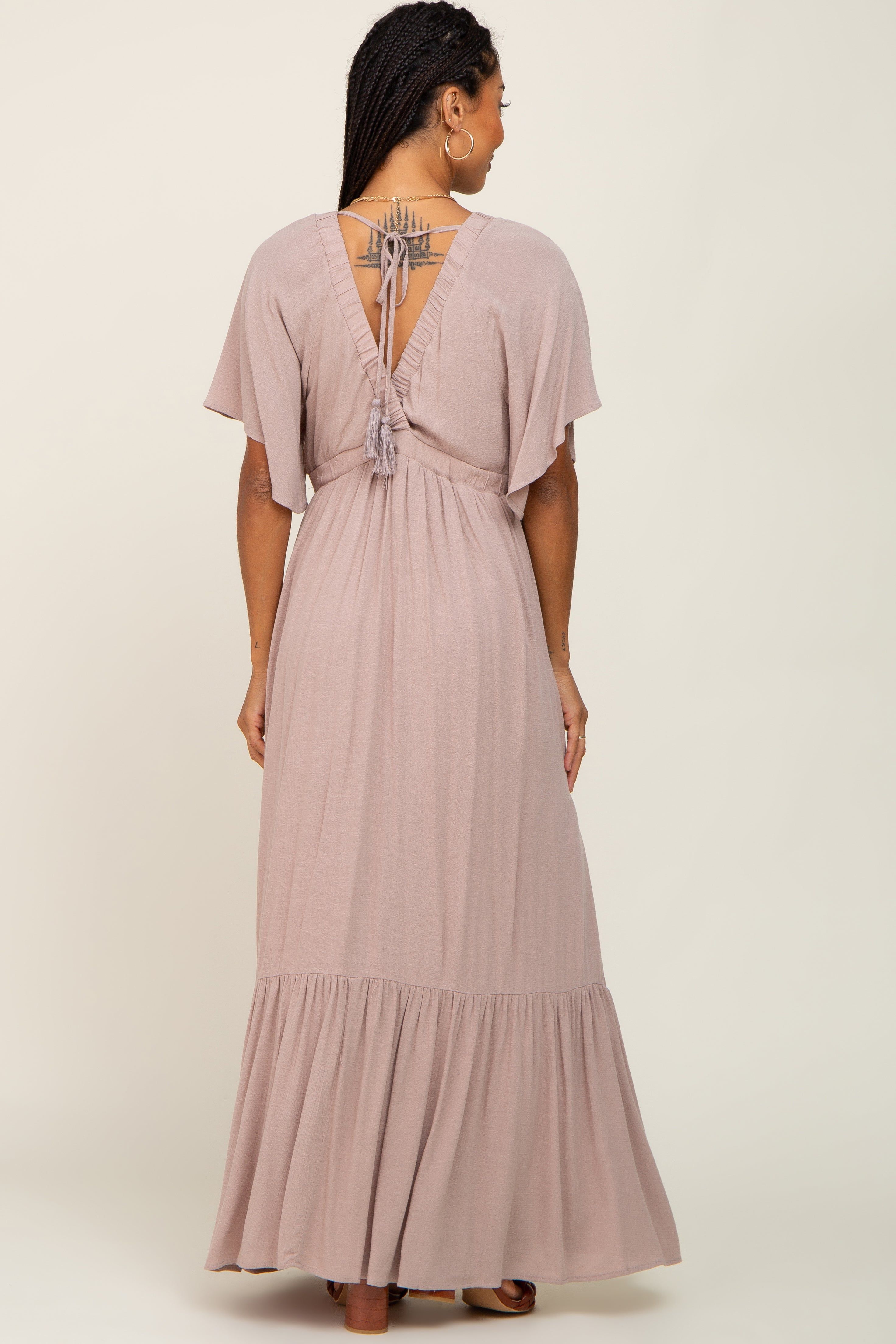 Taupe V-Neck Flounce Sleeve Maxi Dress sold by Pinkblush product image thumbnail 3