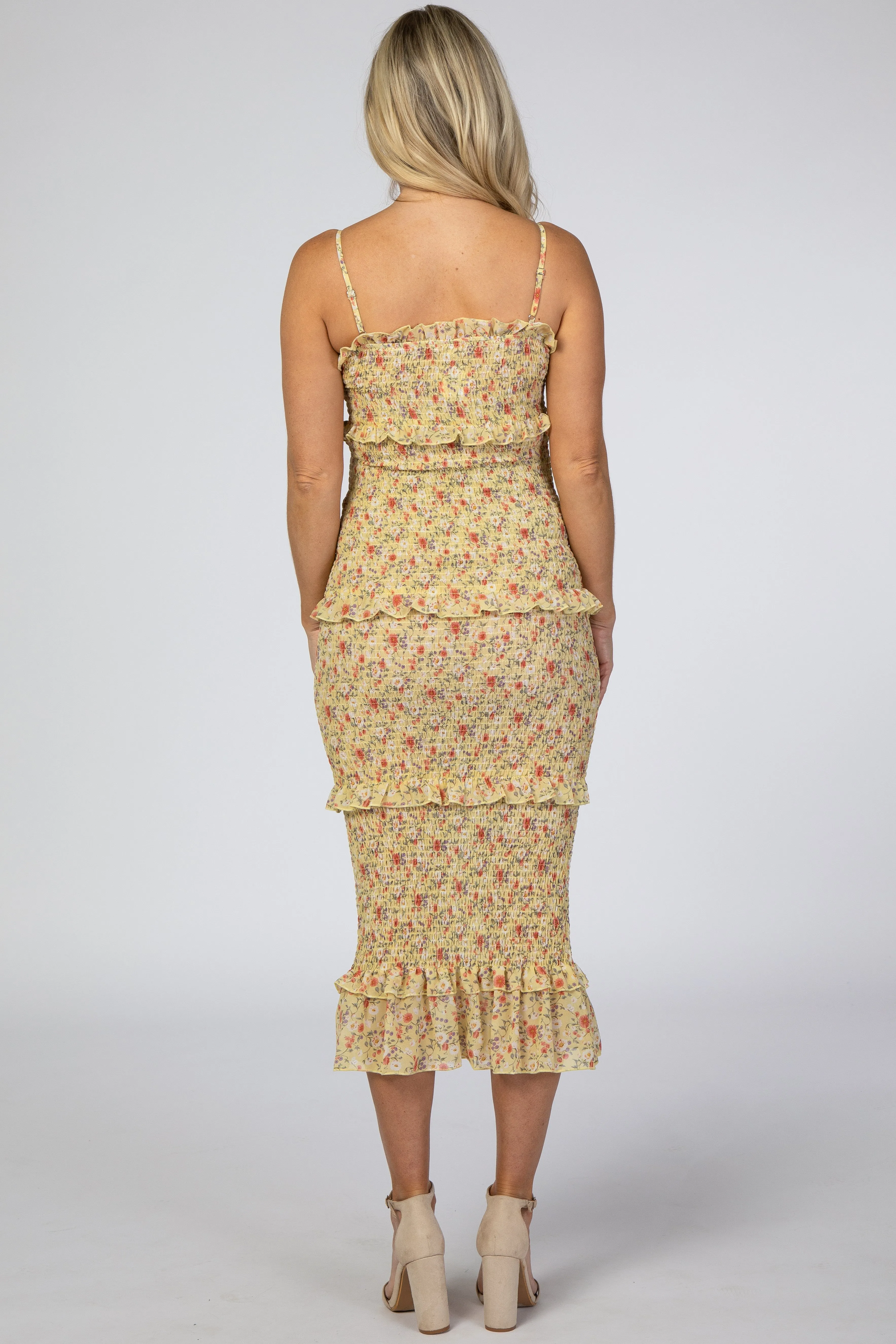 Yellow Floral Chiffon Smocked Fitted Maternity Midi Dress sold by Pinkblush product image thumbnail 3