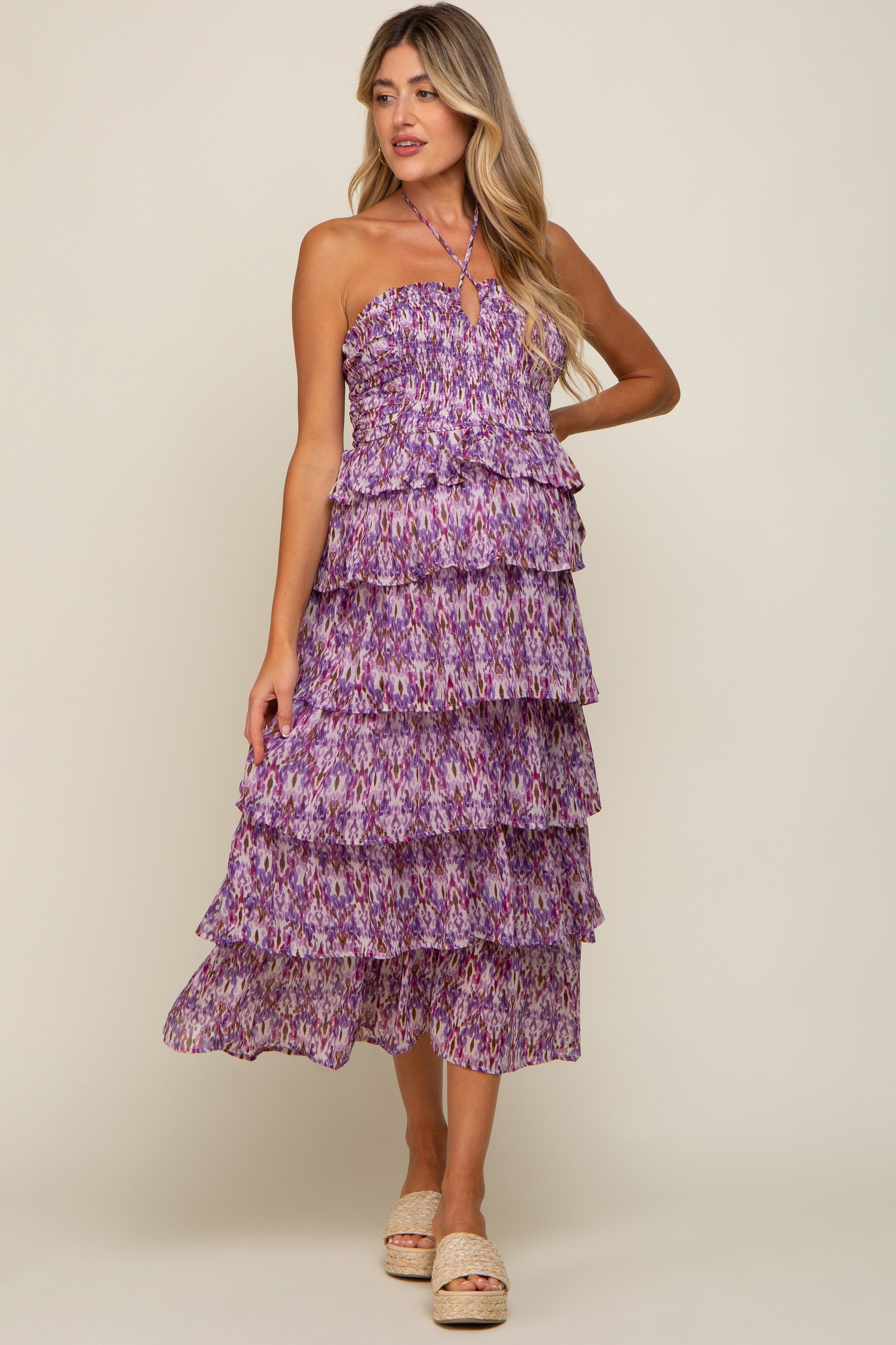 Purple Smocked Ruffle Tiered Halter Maternity Midi Dress sold by Pinkblush product image thumbnail 4