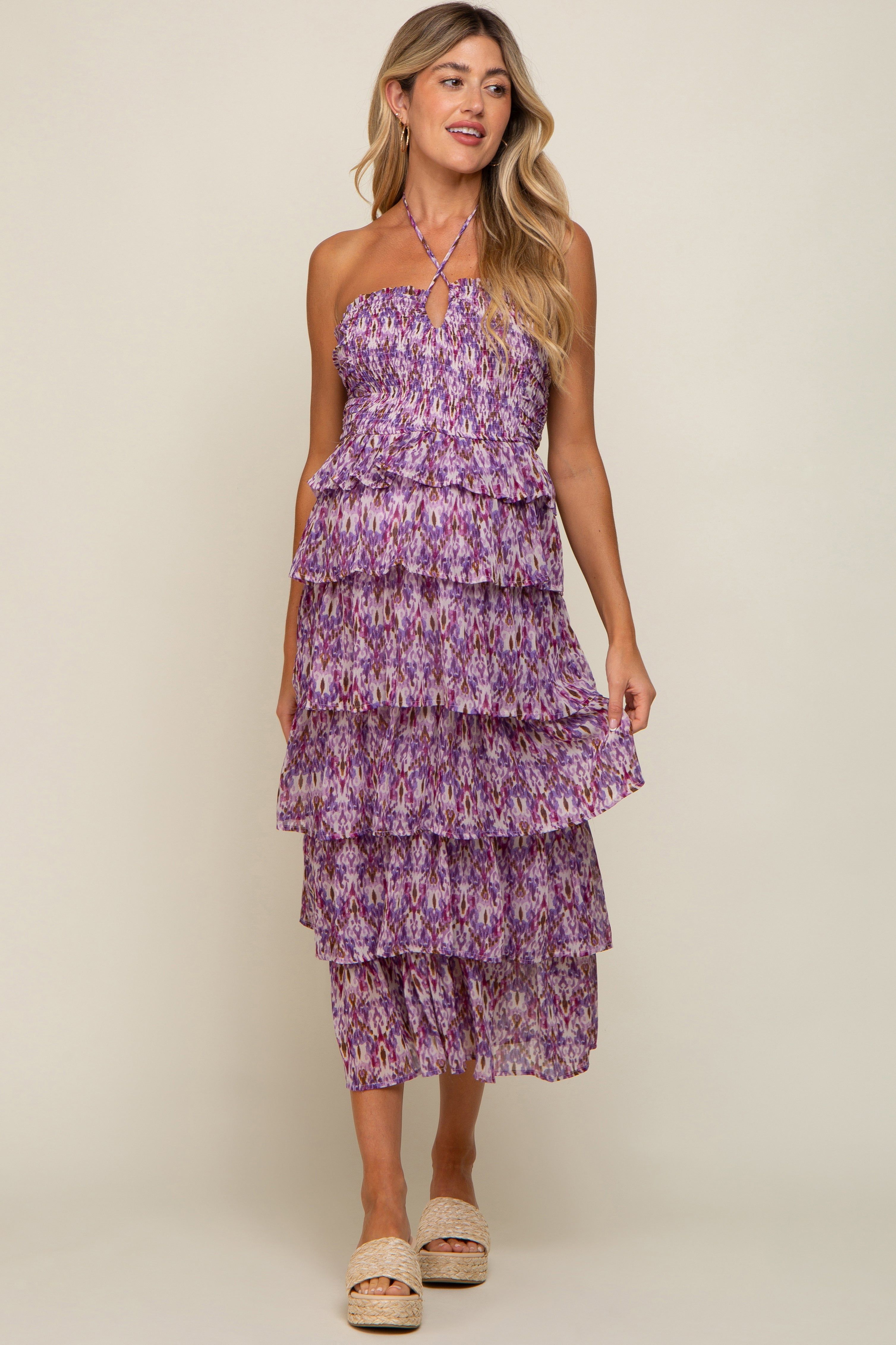Purple Smocked Ruffle Tiered Halter Maternity Midi Dress sold by Pinkblush