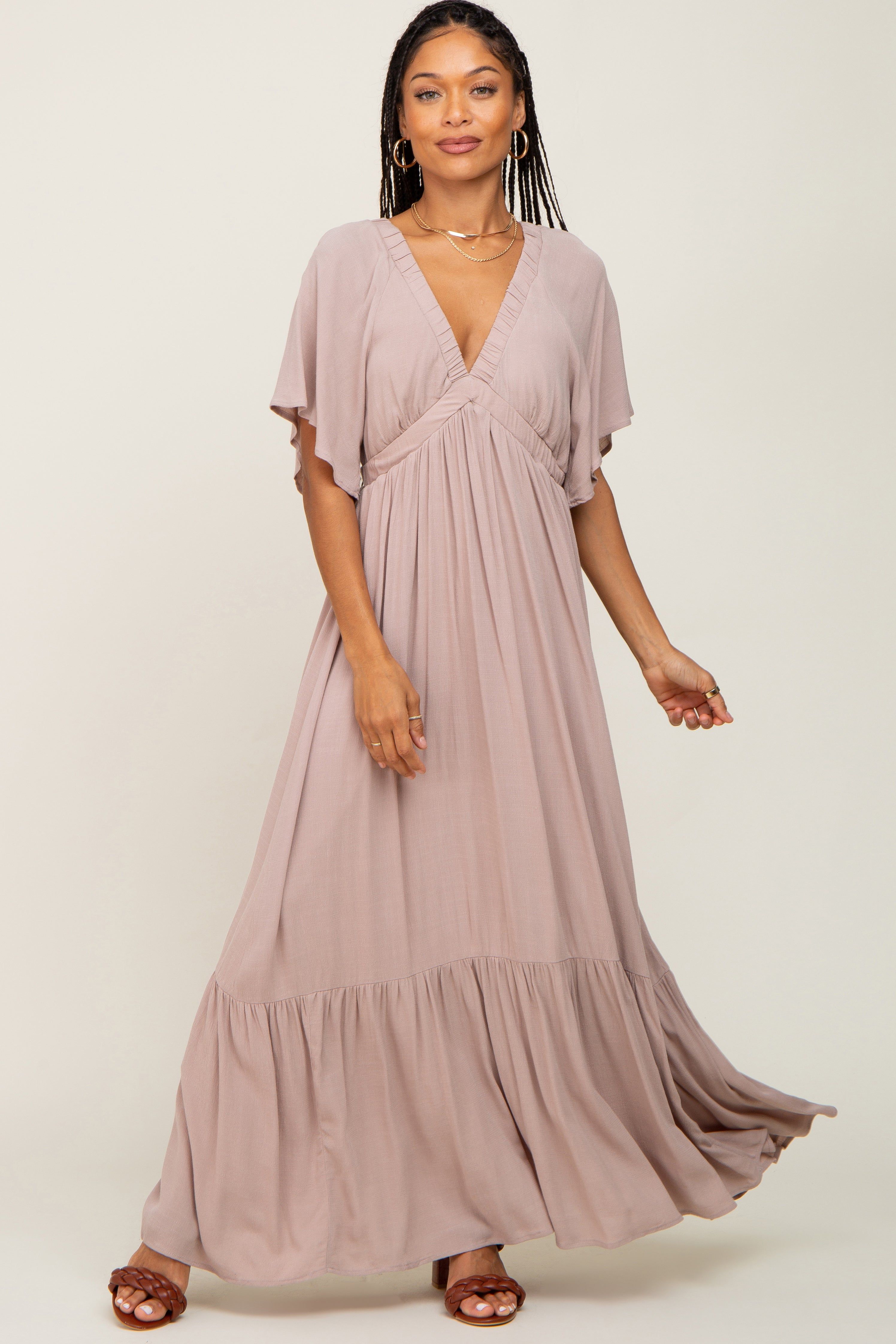 Taupe V-Neck Flounce Sleeve Maxi Dress sold by Pinkblush