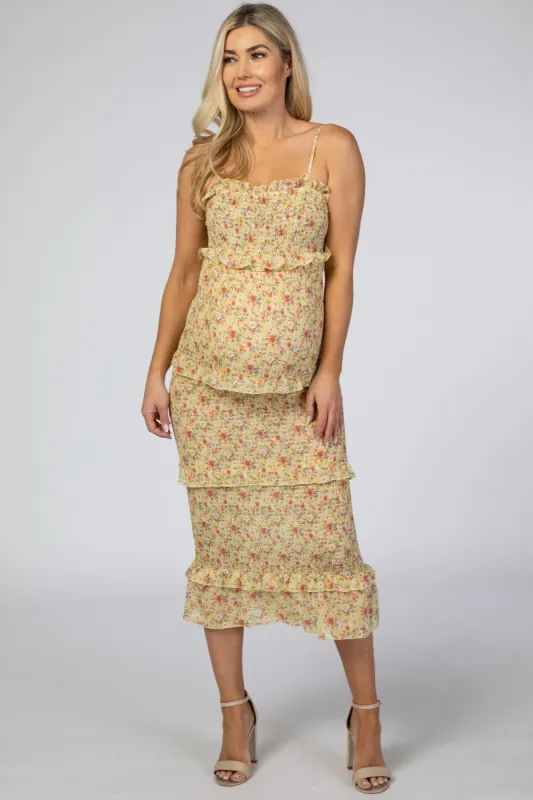 Yellow Floral Chiffon Smocked Fitted Maternity Midi Dress sold by Pinkblush