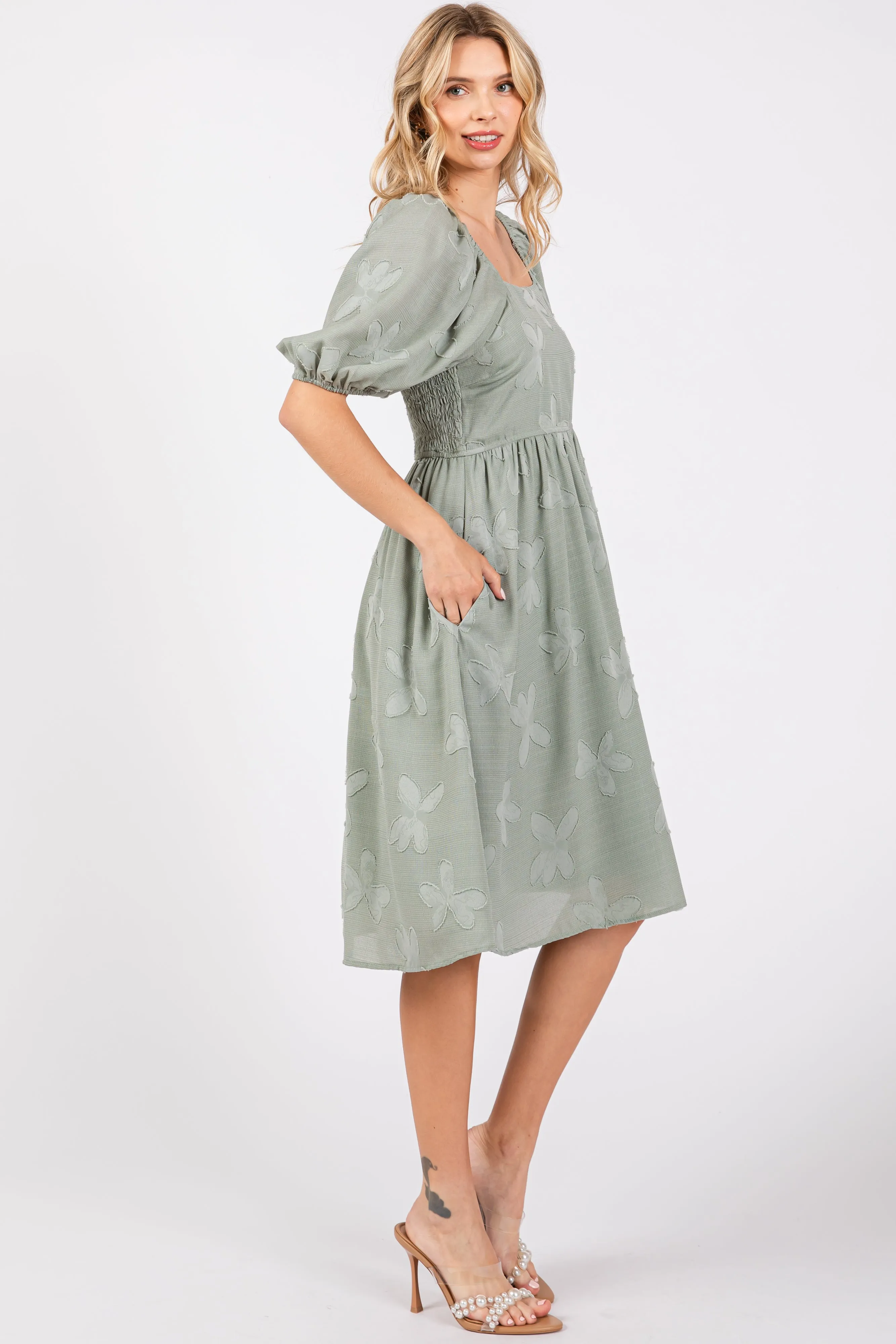 Sage Textured Floral Square Neck Puff Sleeve Dress sold by Pinkblush product image thumbnail 2