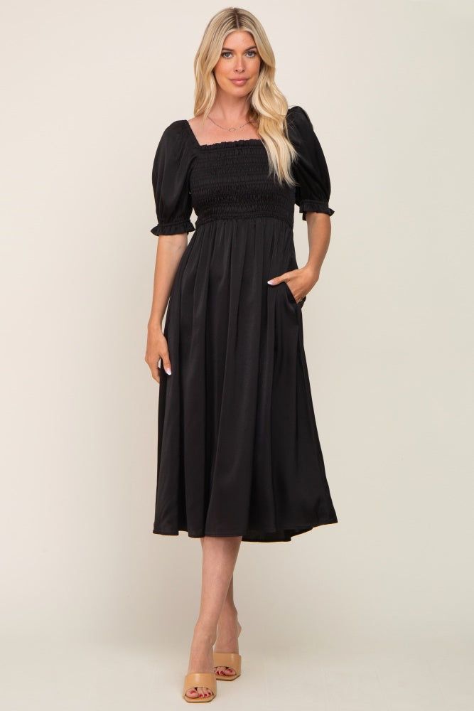 Black Satin Puff Sleeve Midi Dress sold by Pinkblush product image thumbnail 4