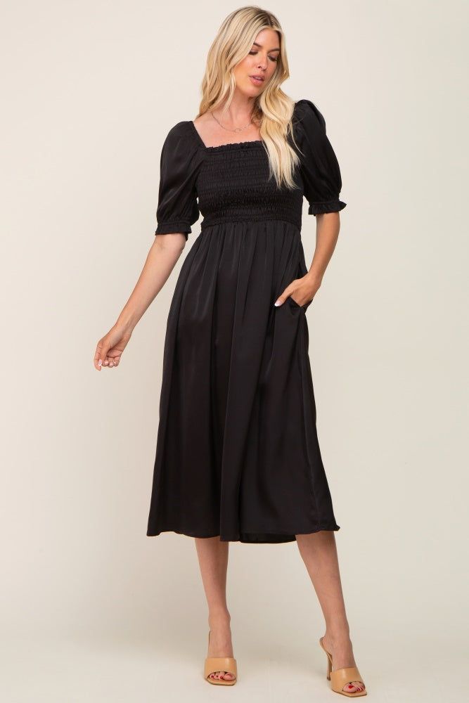 Black Satin Puff Sleeve Midi Dress sold by Pinkblush