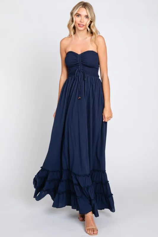 Navy Smocked Cutout Back Maxi Dress sold by Pinkblush