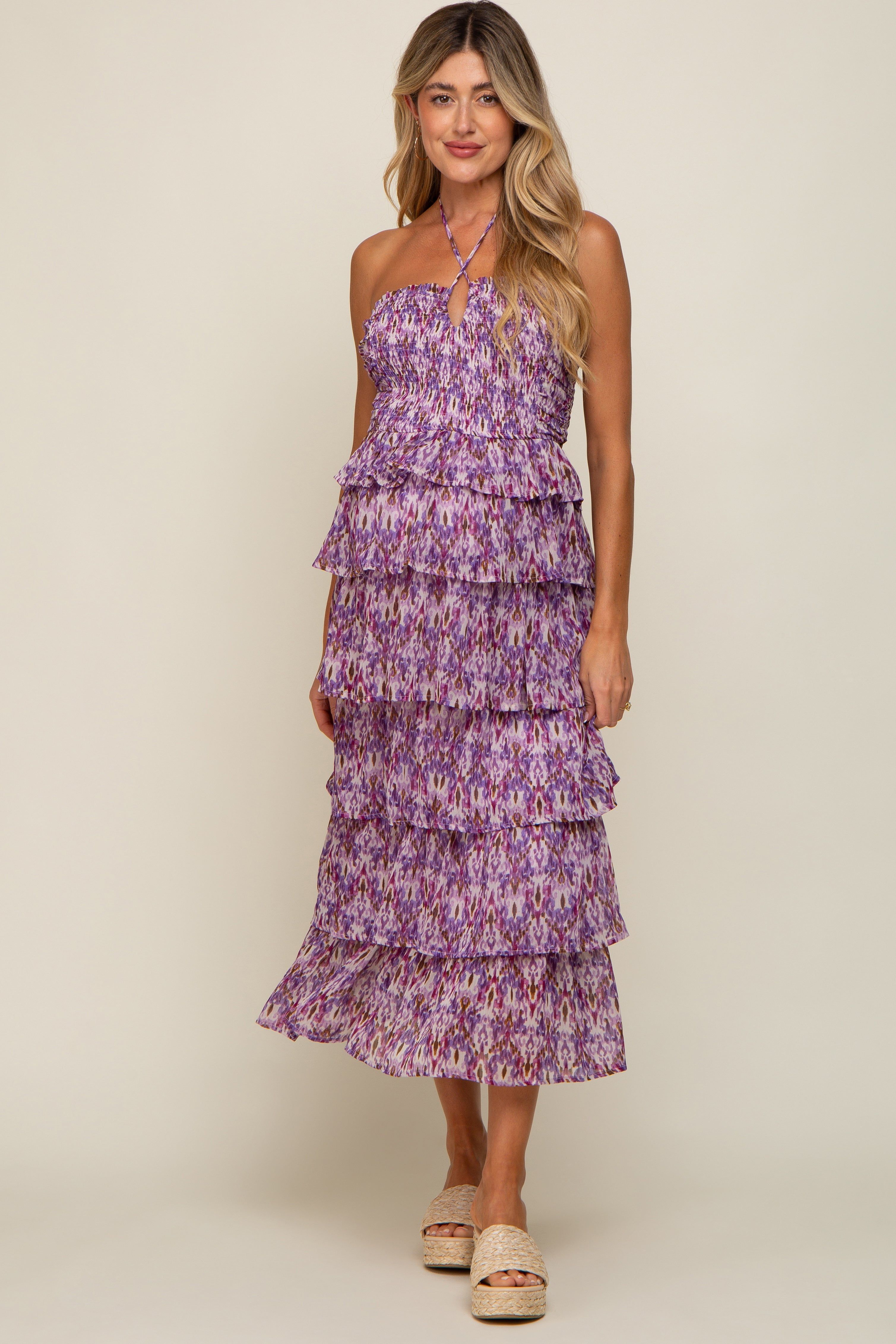 Purple Smocked Ruffle Tiered Halter Maternity Midi Dress sold by Pinkblush product image thumbnail 5
