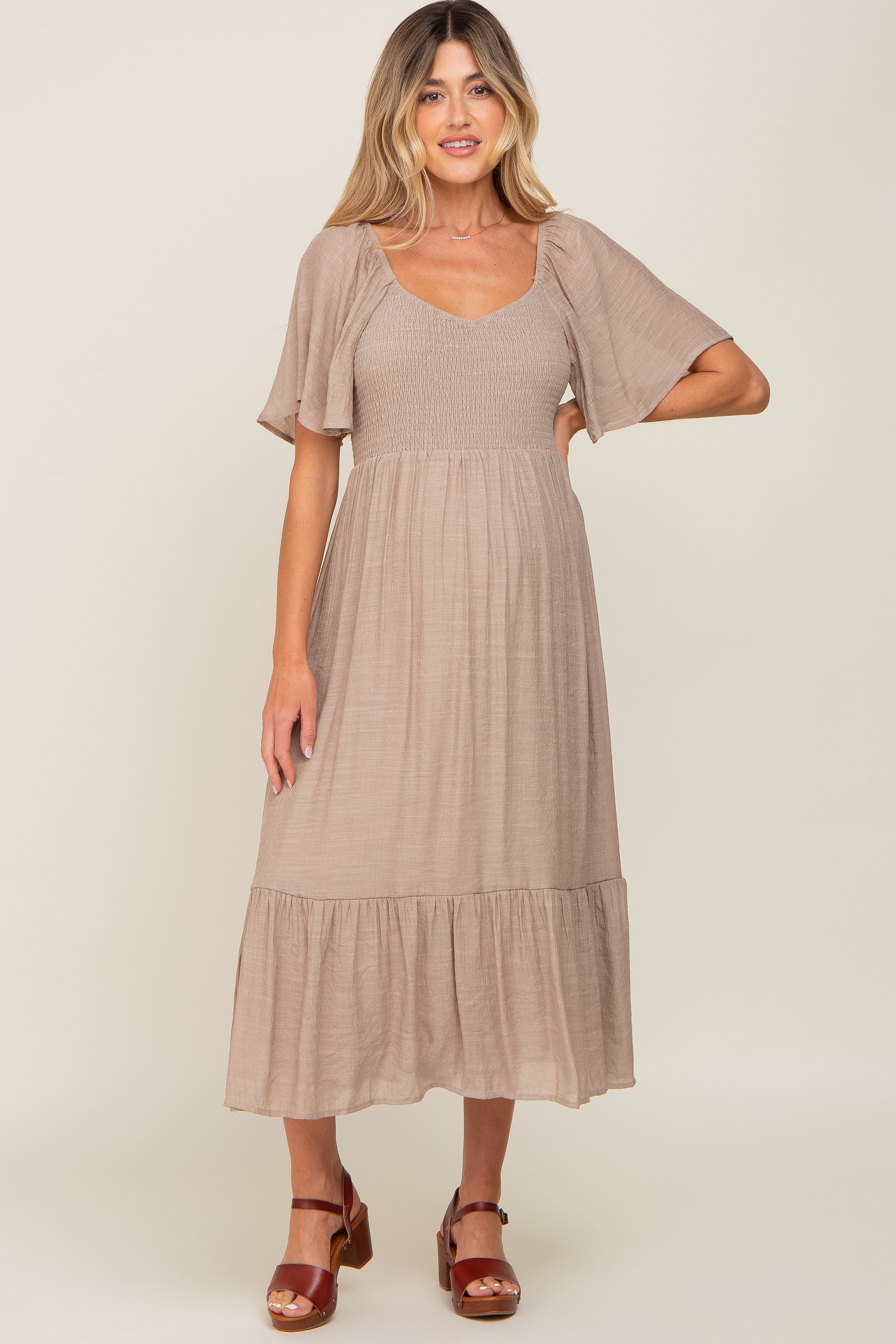 Mocha Smocked Ruffle Hem Maternity Maxi Dress sold by Pinkblush product image thumbnail 4