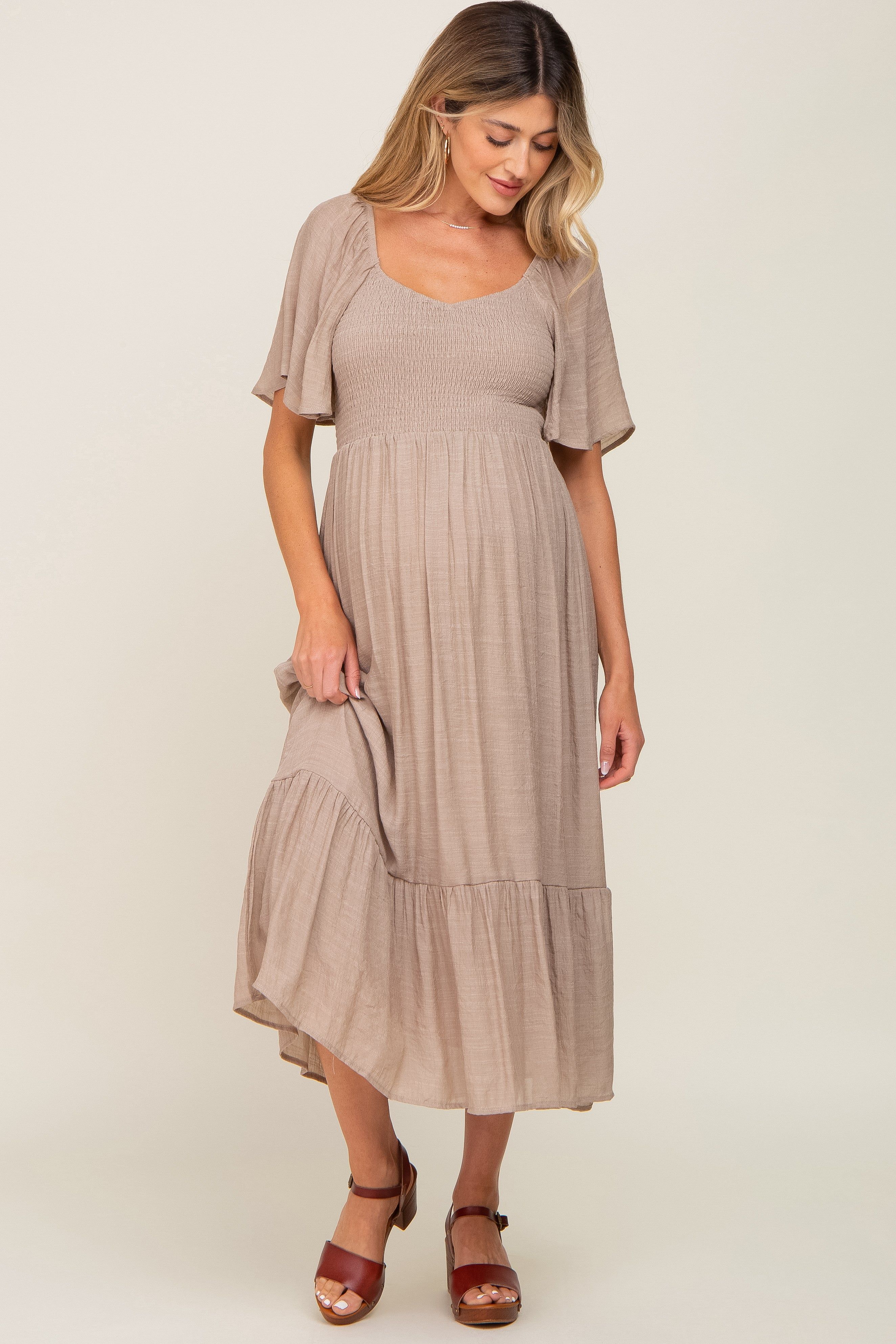 Mocha Smocked Ruffle Hem Maternity Maxi Dress sold by Pinkblush