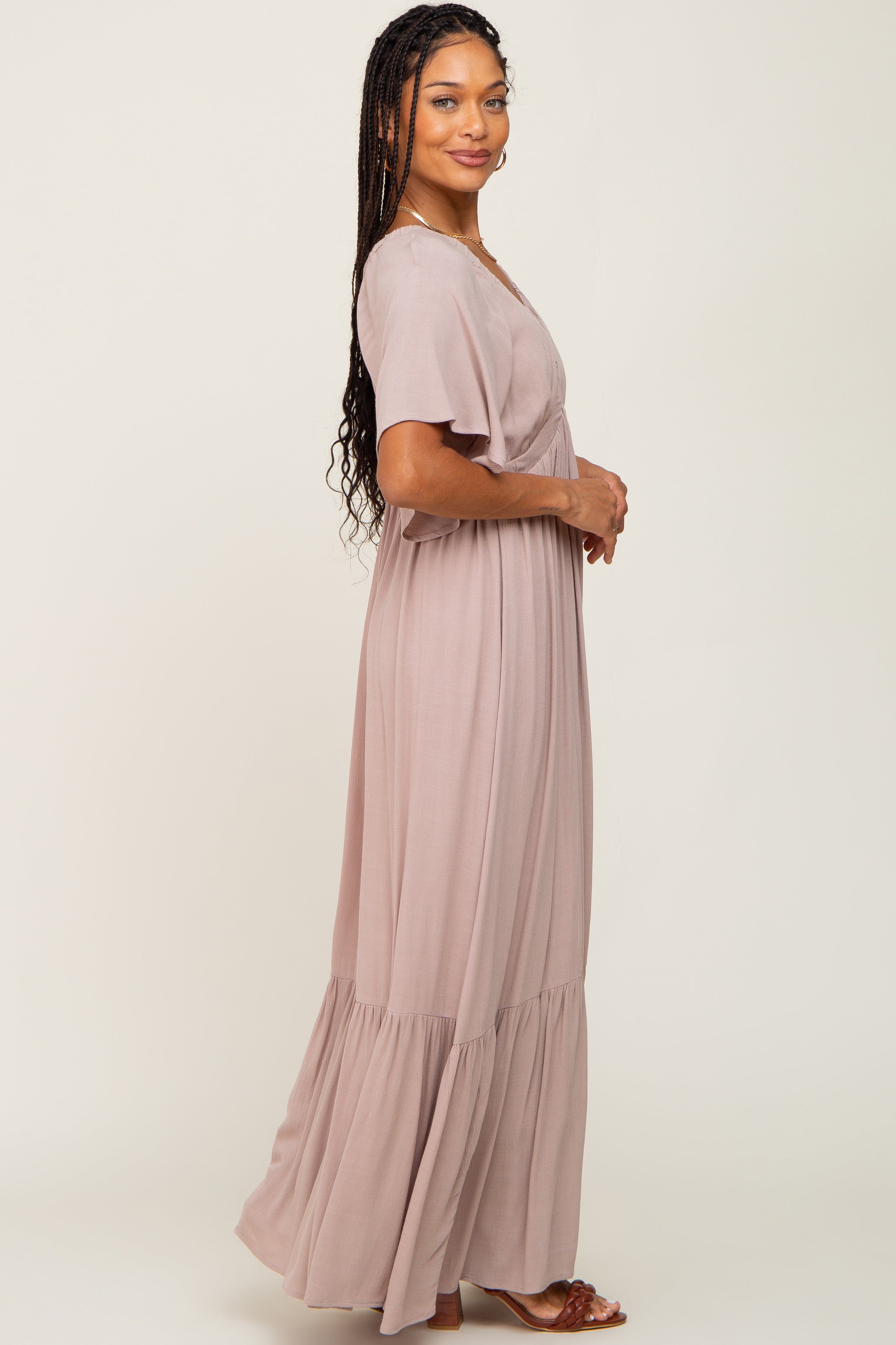 Taupe V-Neck Flounce Sleeve Maxi Dress sold by Pinkblush product image thumbnail 2