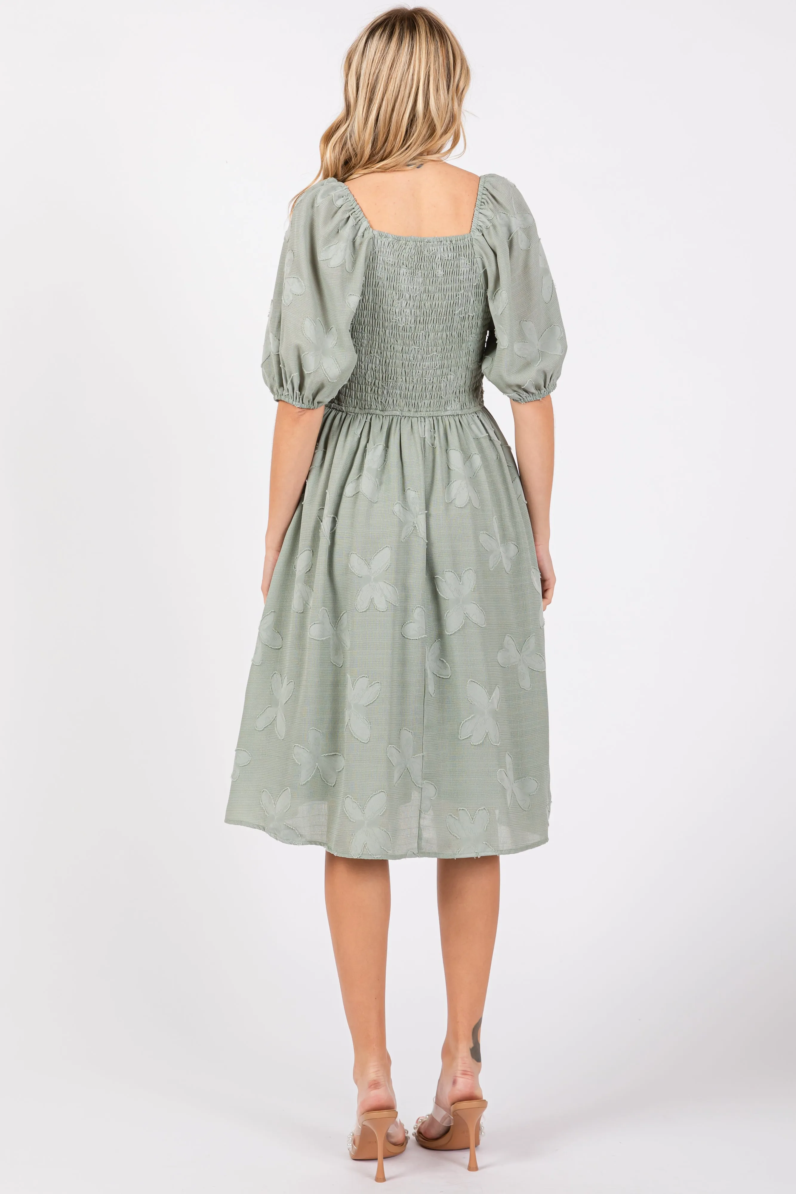 Sage Textured Floral Square Neck Puff Sleeve Dress sold by Pinkblush product image thumbnail 3