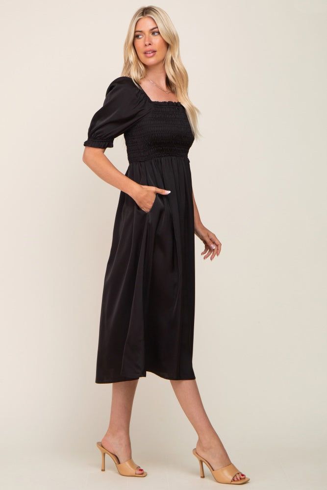 Black Satin Puff Sleeve Midi Dress sold by Pinkblush product image thumbnail 2
