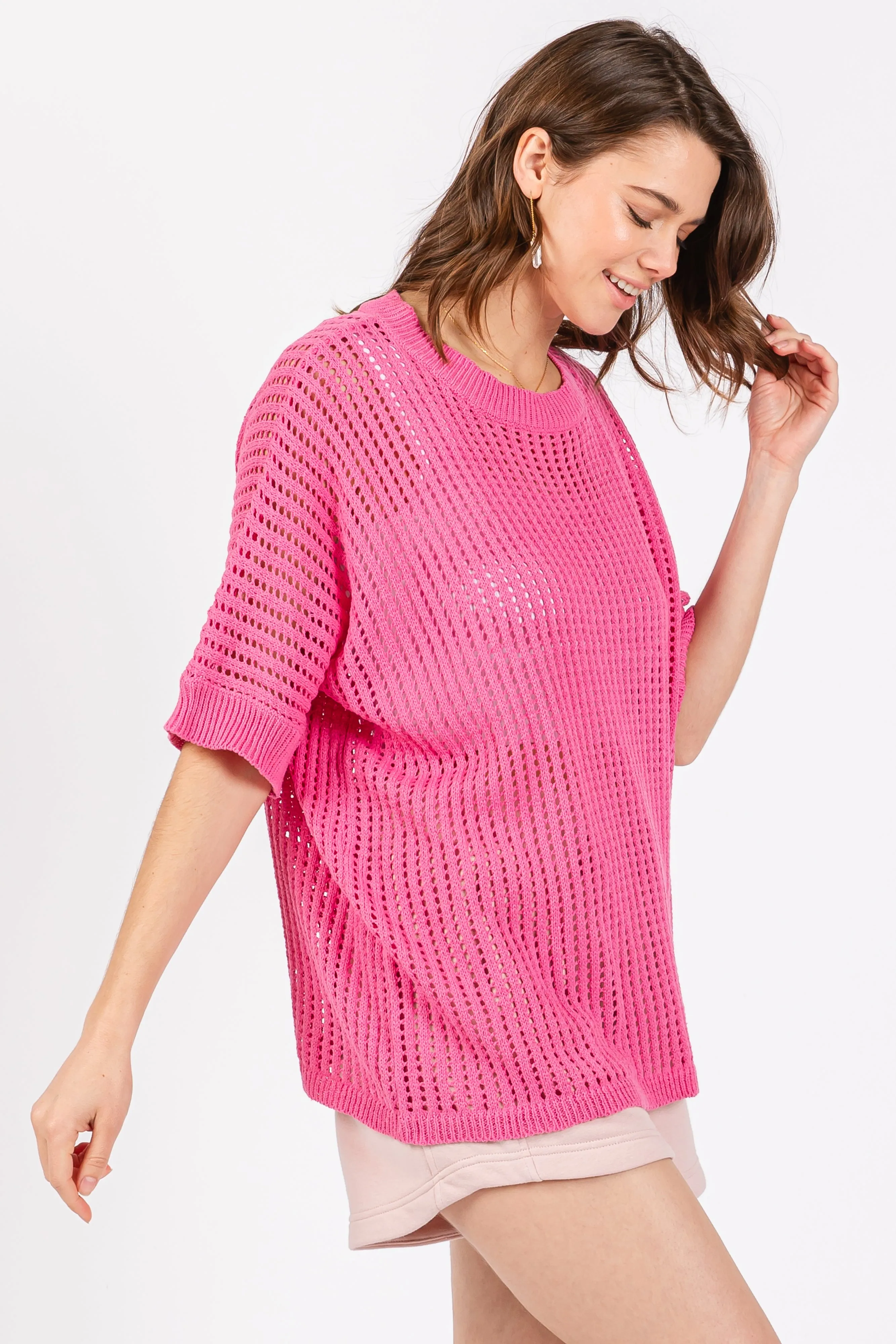 Fuchsia Crochet Knit Short Dolman Sleeve Top sold by Pinkblush product image thumbnail 2
