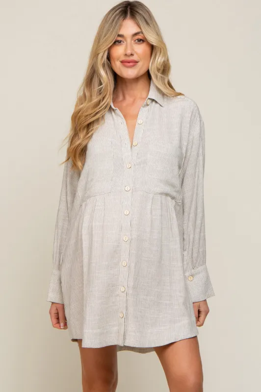 Beige Striped Button Down Maternity Shirt Dress sold by Pinkblush