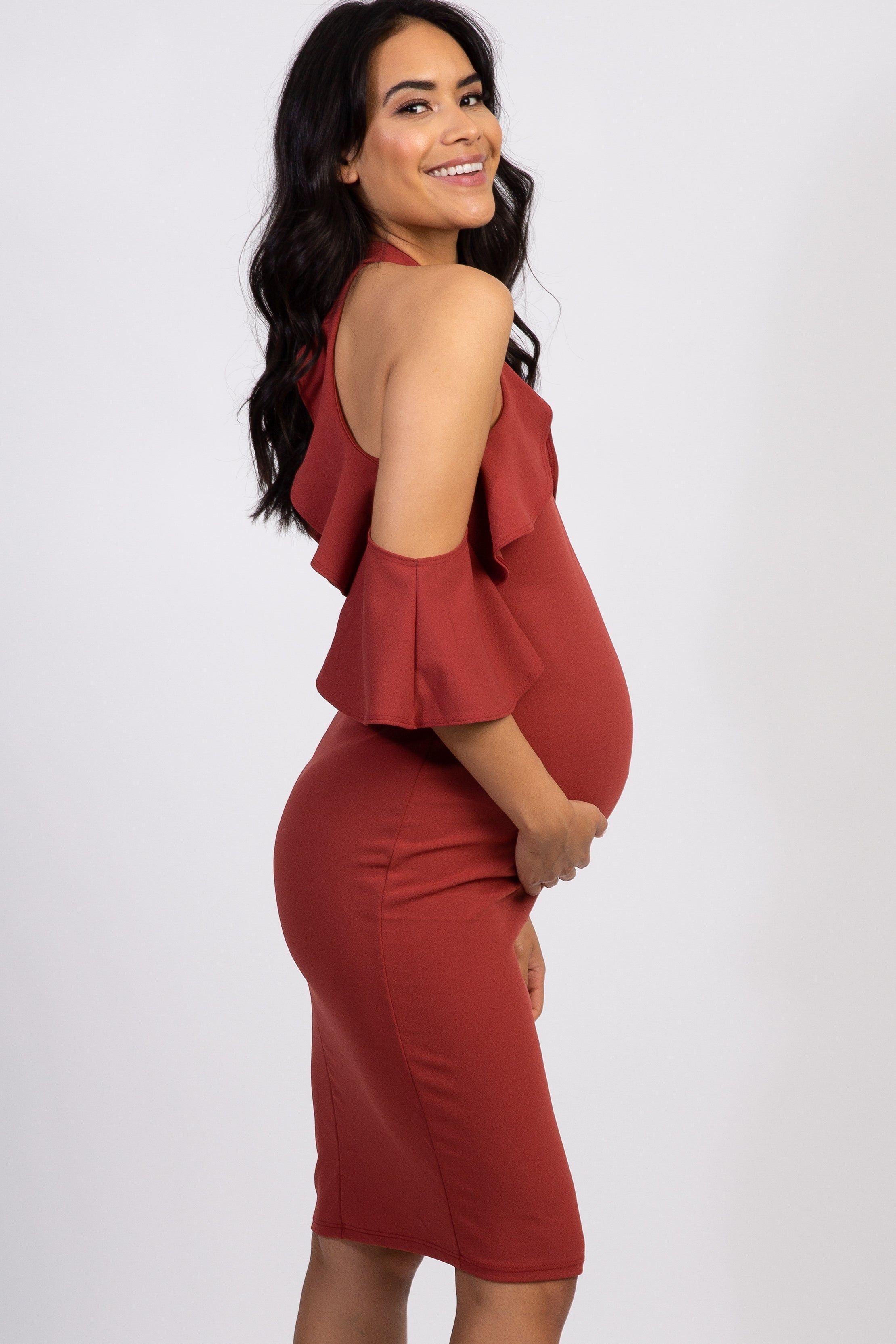PinkBlush Rust Mock Neck Ruffle Trim Fitted Maternity Dress sold by Pinkblush product image thumbnail 3