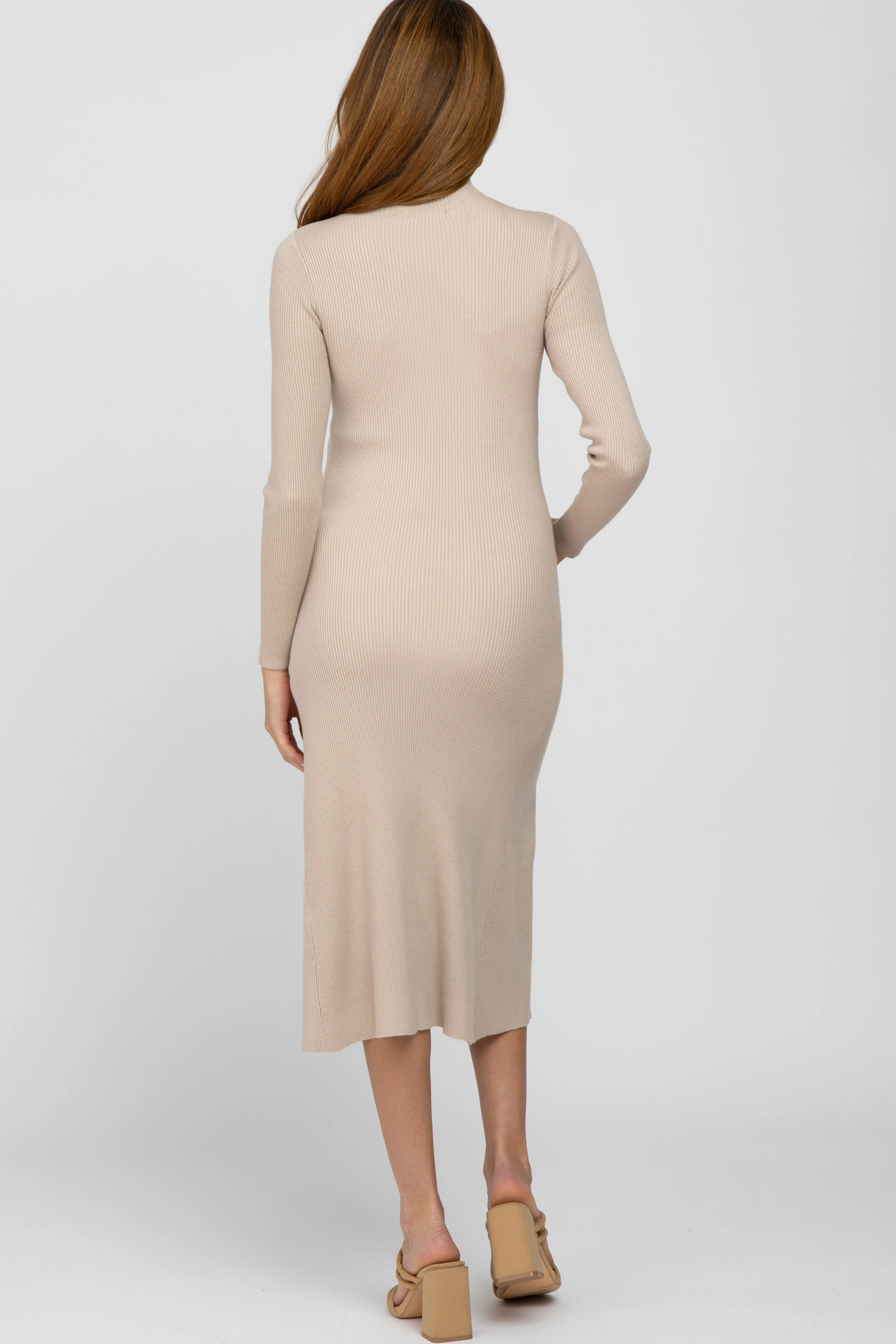 Beige Mock Neck Flared Maternity Midi Dress sold by Pinkblush product image thumbnail 3