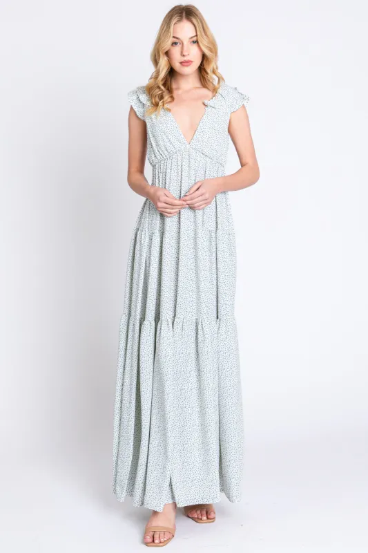 Light Blue Printed Sleeveless Tiered Cutout Back Maternity Maxi Dress sold by Pinkblush