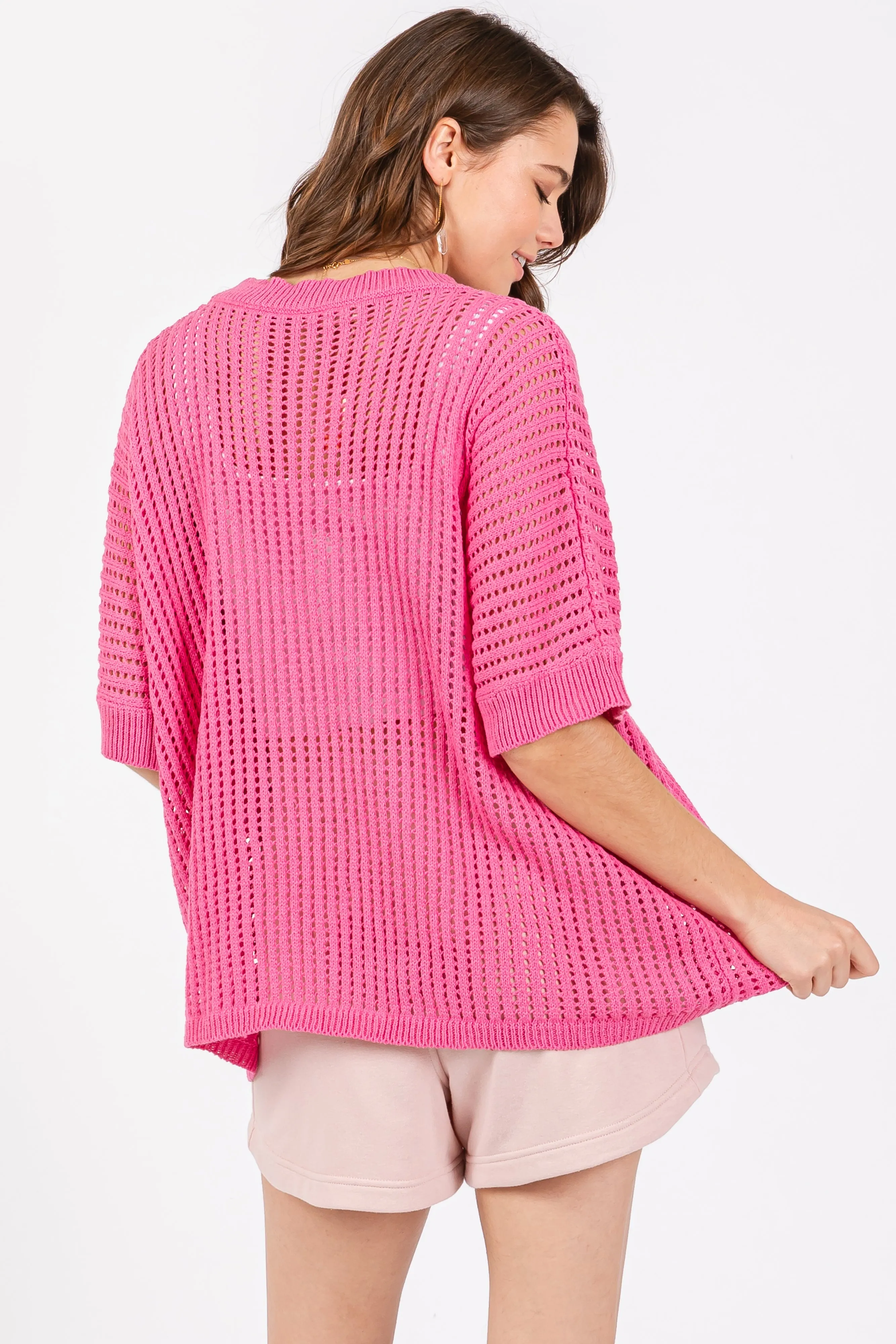 Fuchsia Crochet Knit Short Dolman Sleeve Top sold by Pinkblush product image thumbnail 3