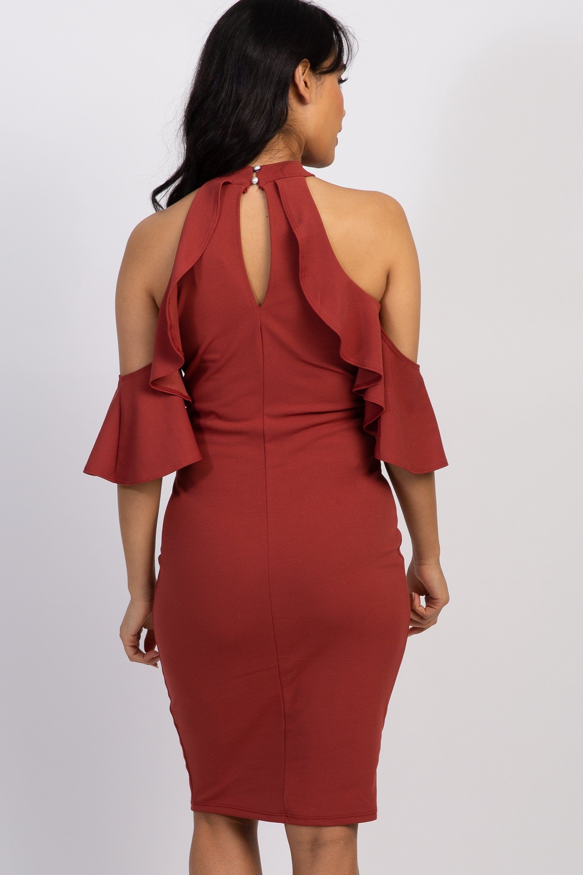 PinkBlush Rust Mock Neck Ruffle Trim Fitted Maternity Dress sold by Pinkblush product image thumbnail 4