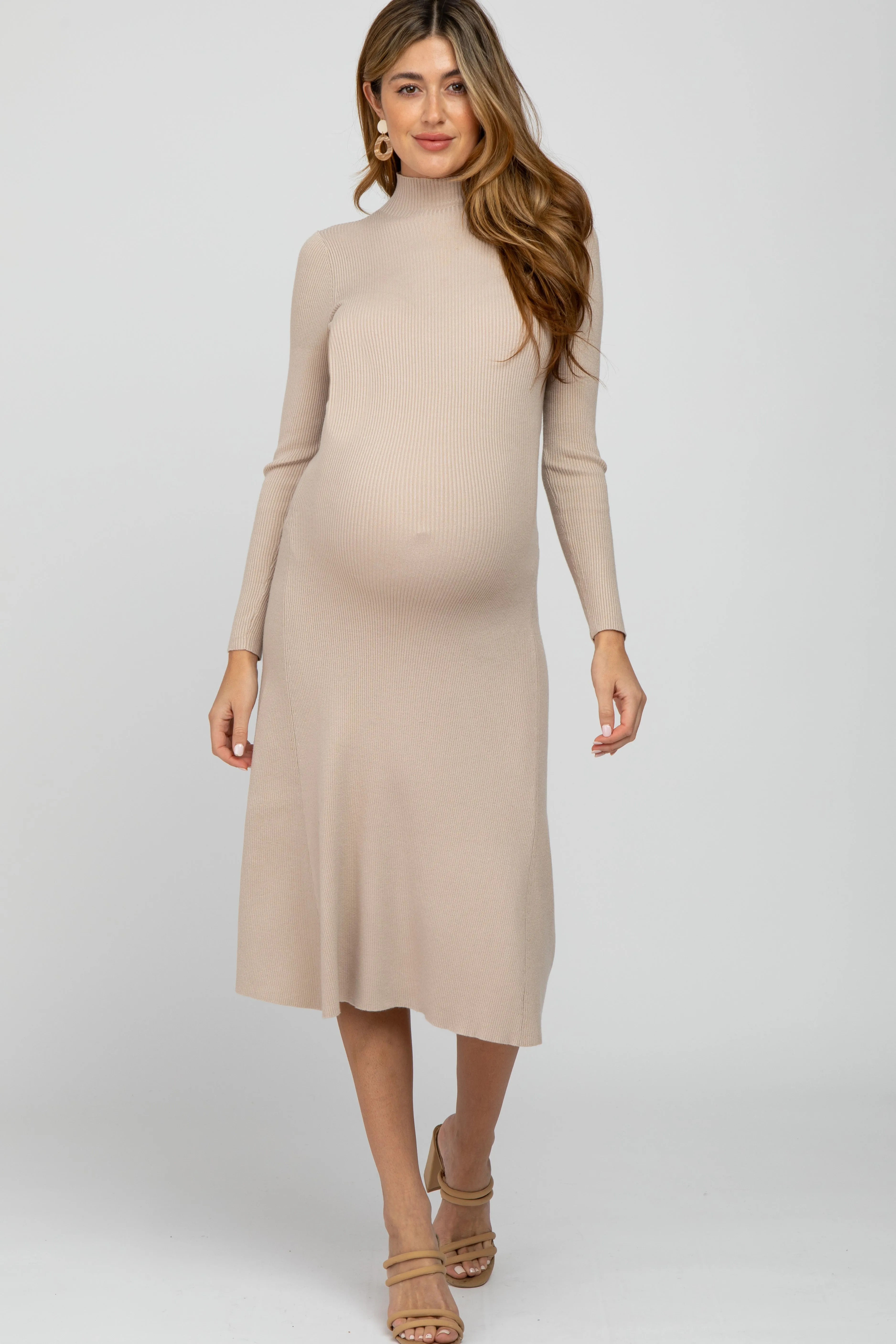 Beige Mock Neck Flared Maternity Midi Dress sold by Pinkblush product image thumbnail 4