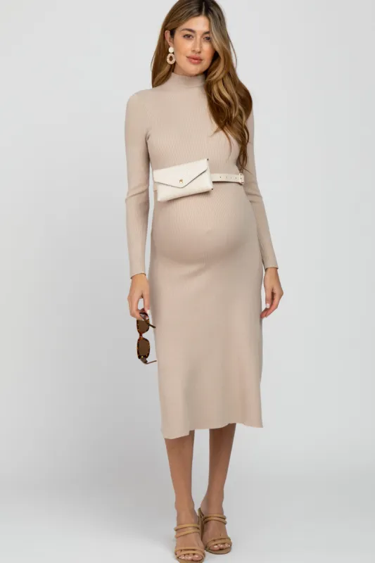 Beige Mock Neck Flared Maternity Midi Dress sold by Pinkblush