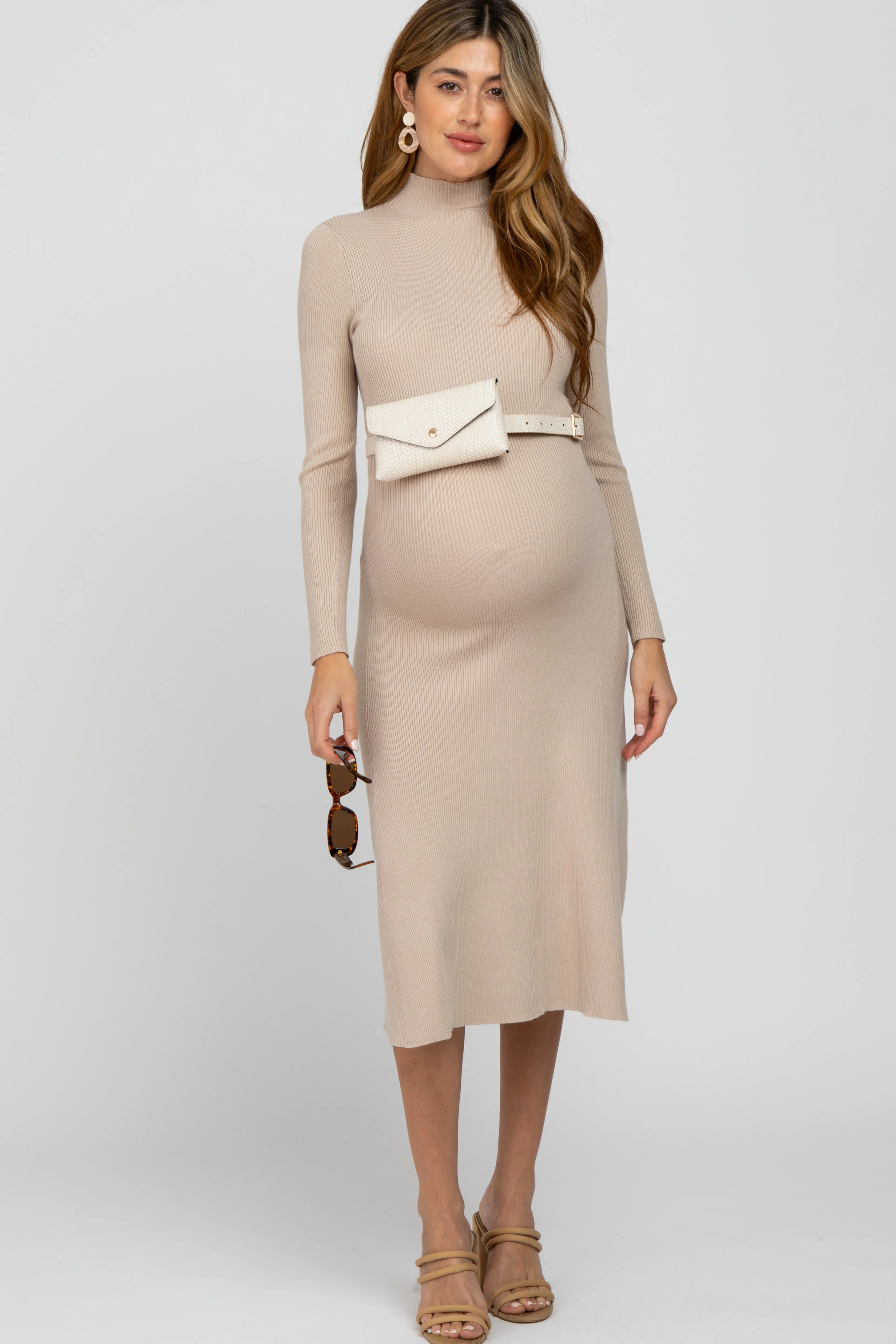 Beige Mock Neck Flared Maternity Midi Dress sold by Pinkblush