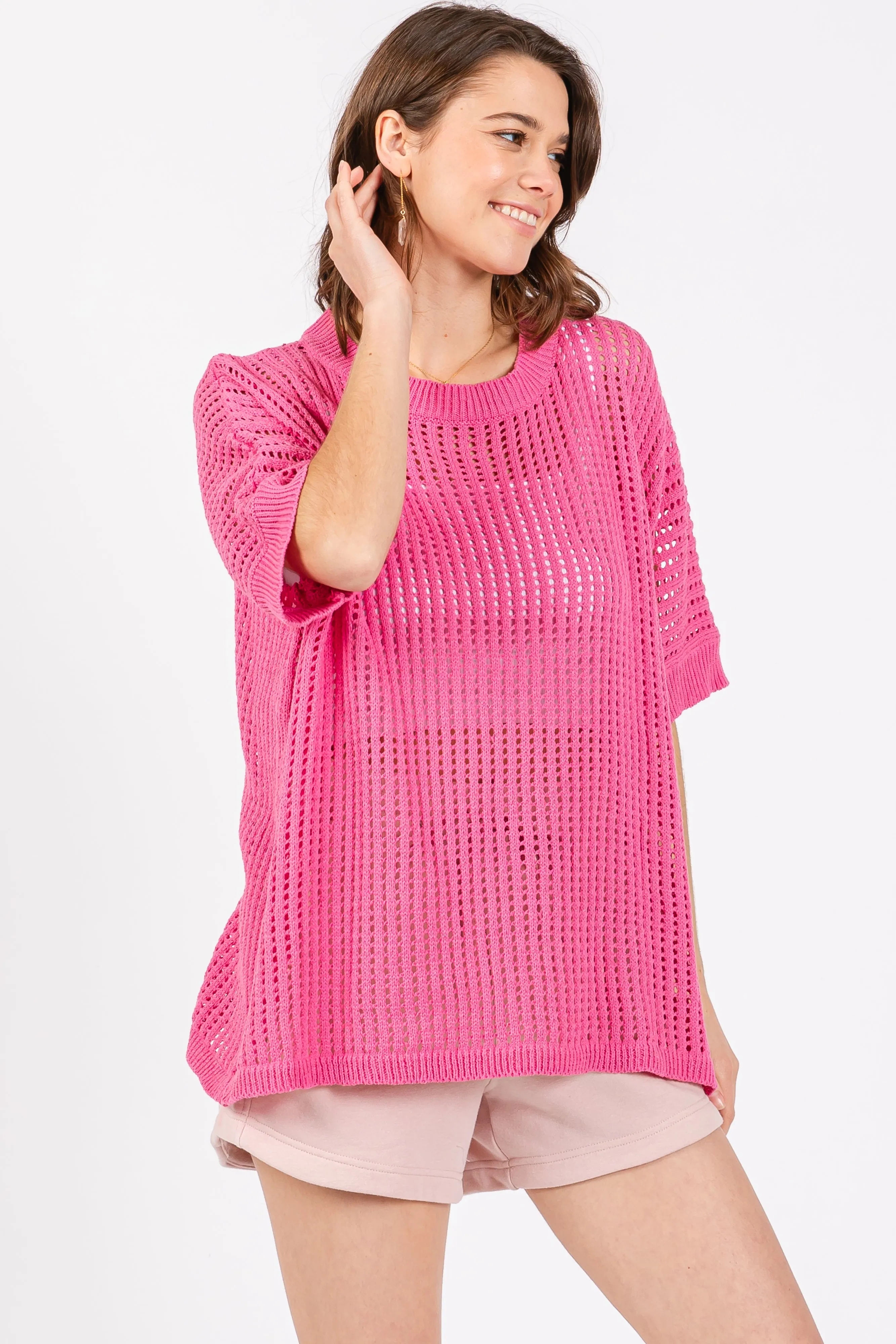Fuchsia Crochet Knit Short Dolman Sleeve Top sold by Pinkblush