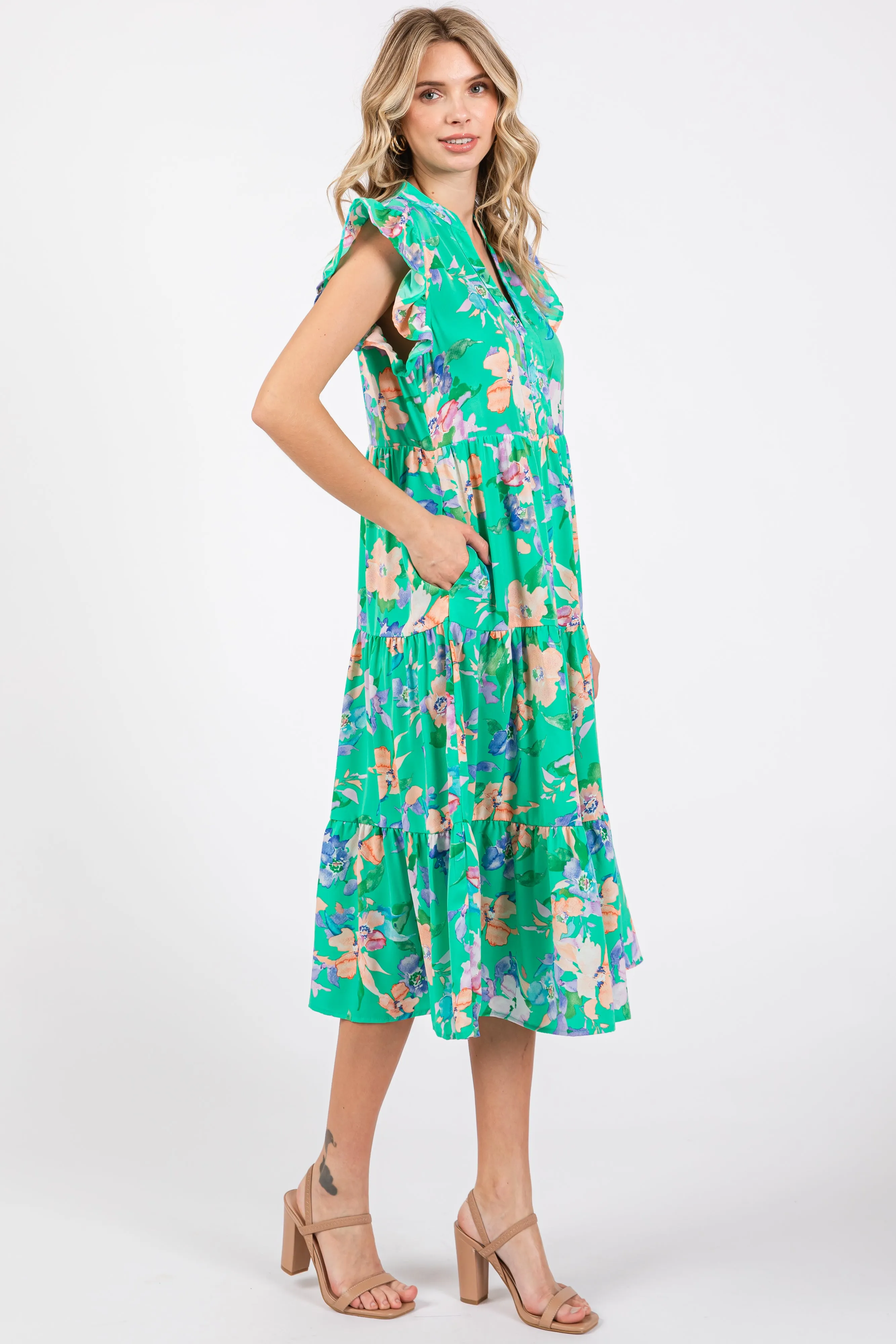 Green Floral Ruffle Tiered Dress sold by Pinkblush product image thumbnail 3