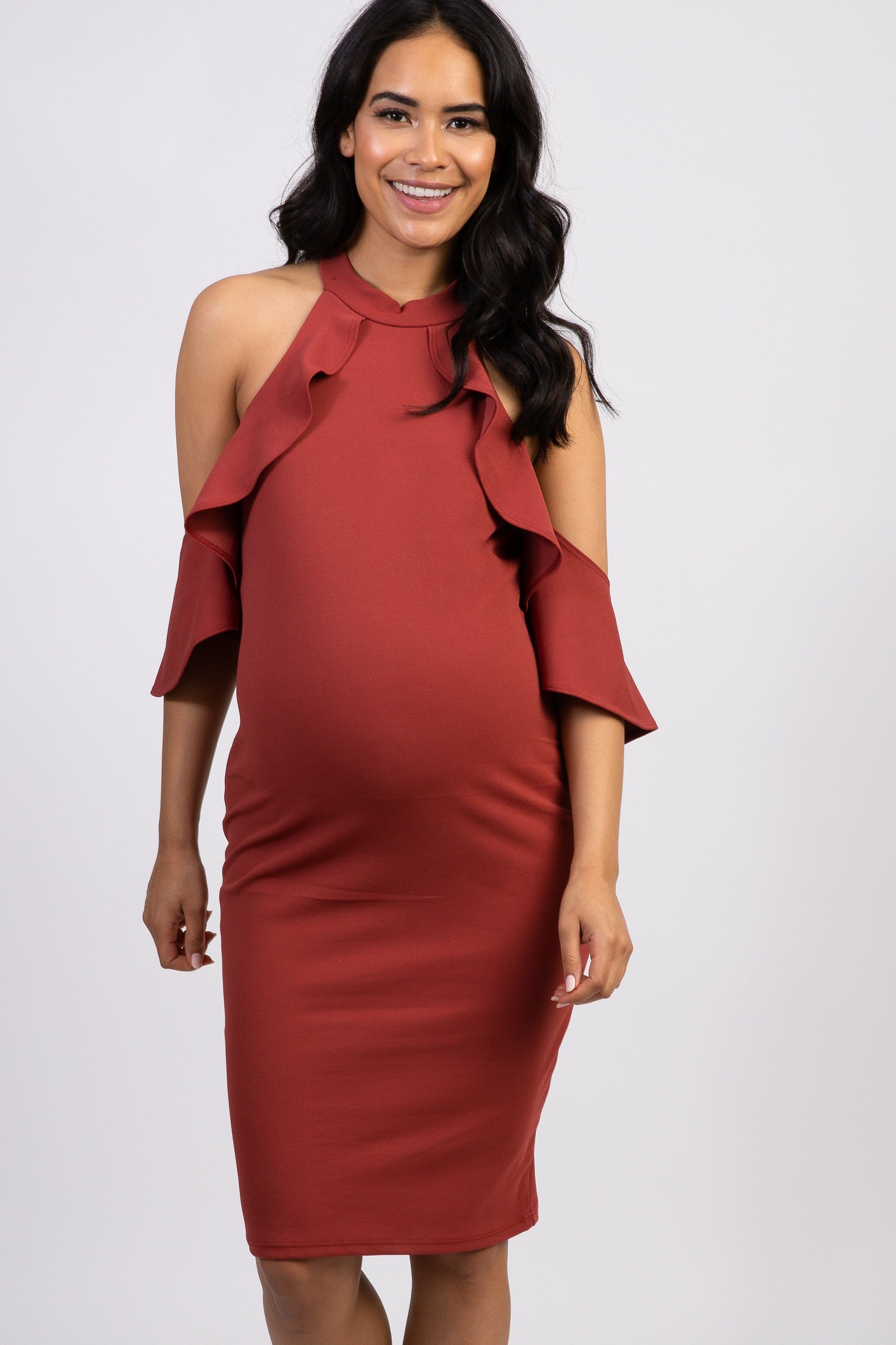 PinkBlush Rust Mock Neck Ruffle Trim Fitted Maternity Dress sold by Pinkblush product image thumbnail 2
