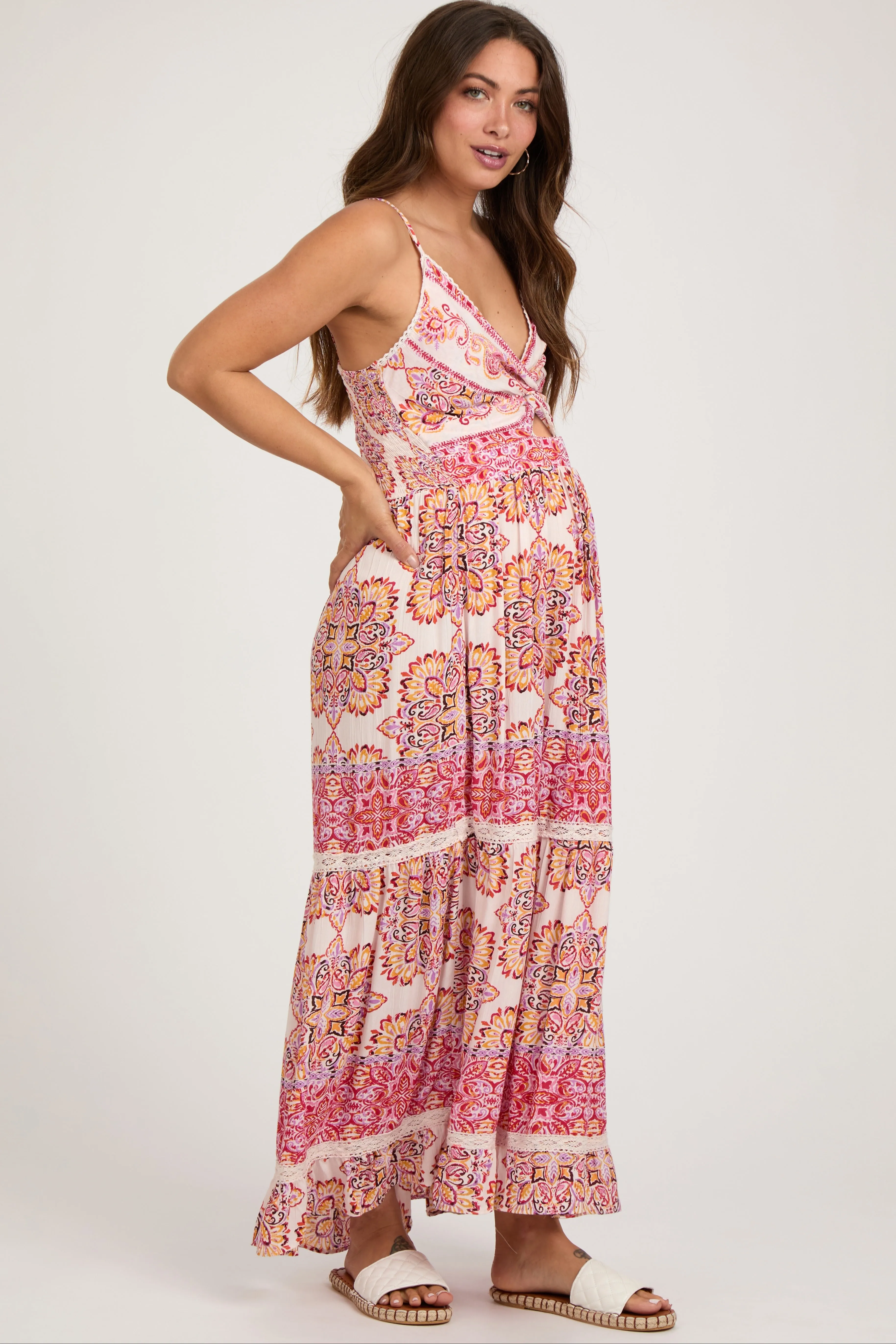 Red Floral Paisley Crochet Tiered Maternity Maxi Dress sold by Pinkblush product image thumbnail 3