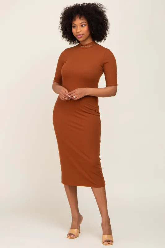 Mocha Ribbed Mock Neck Midi Dress sold by Pinkblush