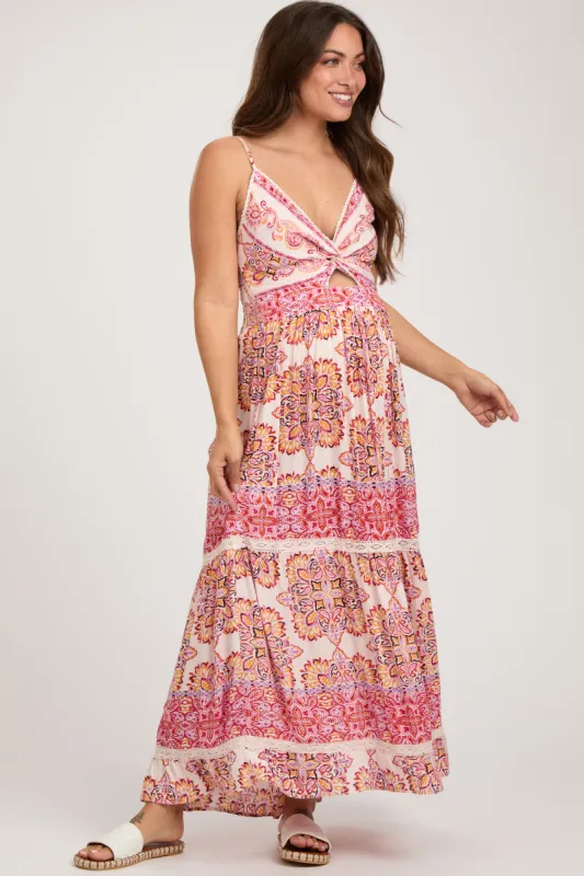 Red Floral Paisley Crochet Tiered Maternity Maxi Dress sold by Pinkblush