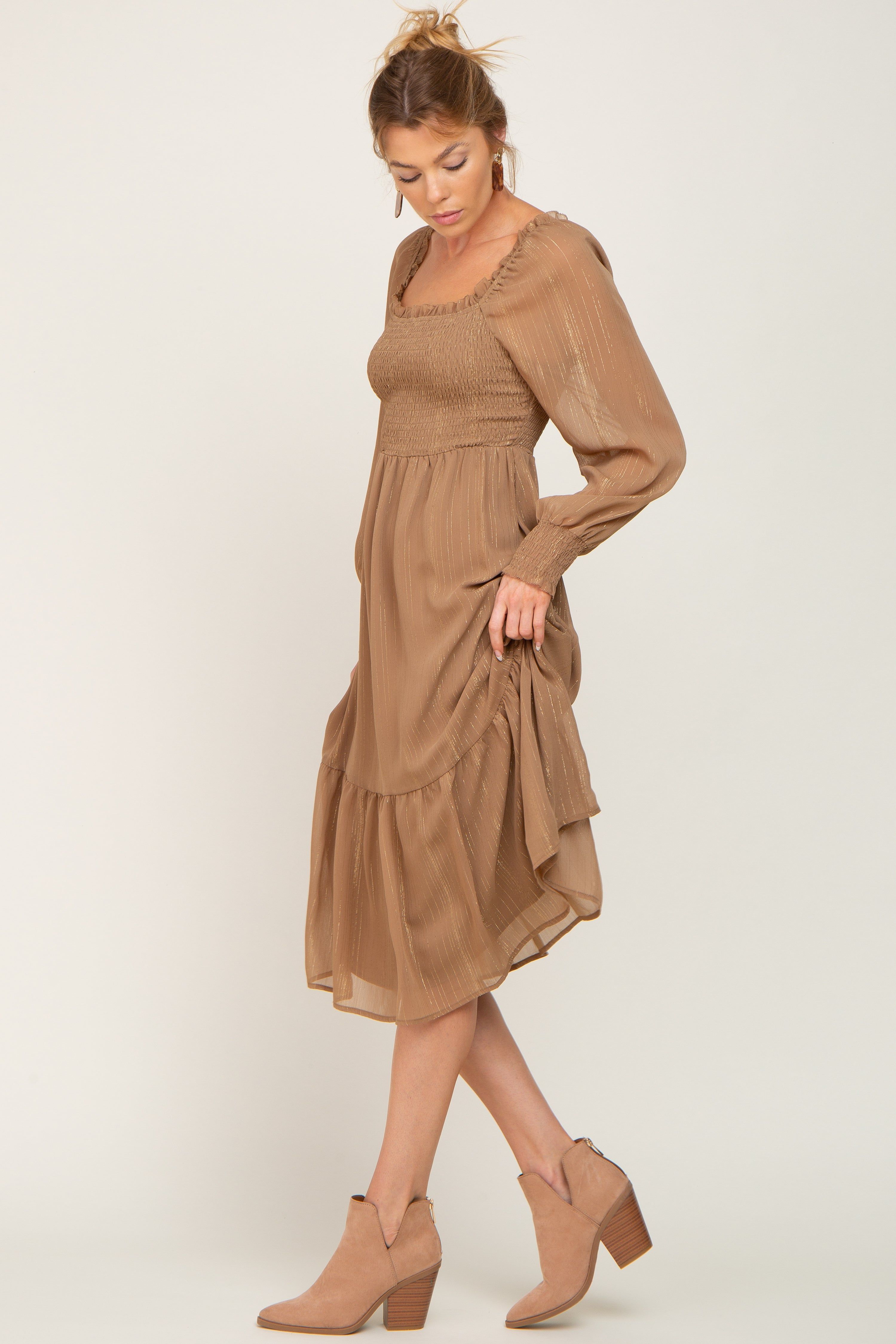 Mocha Shimmer Smocked Long Sleeve Dress sold by Pinkblush product image thumbnail 5