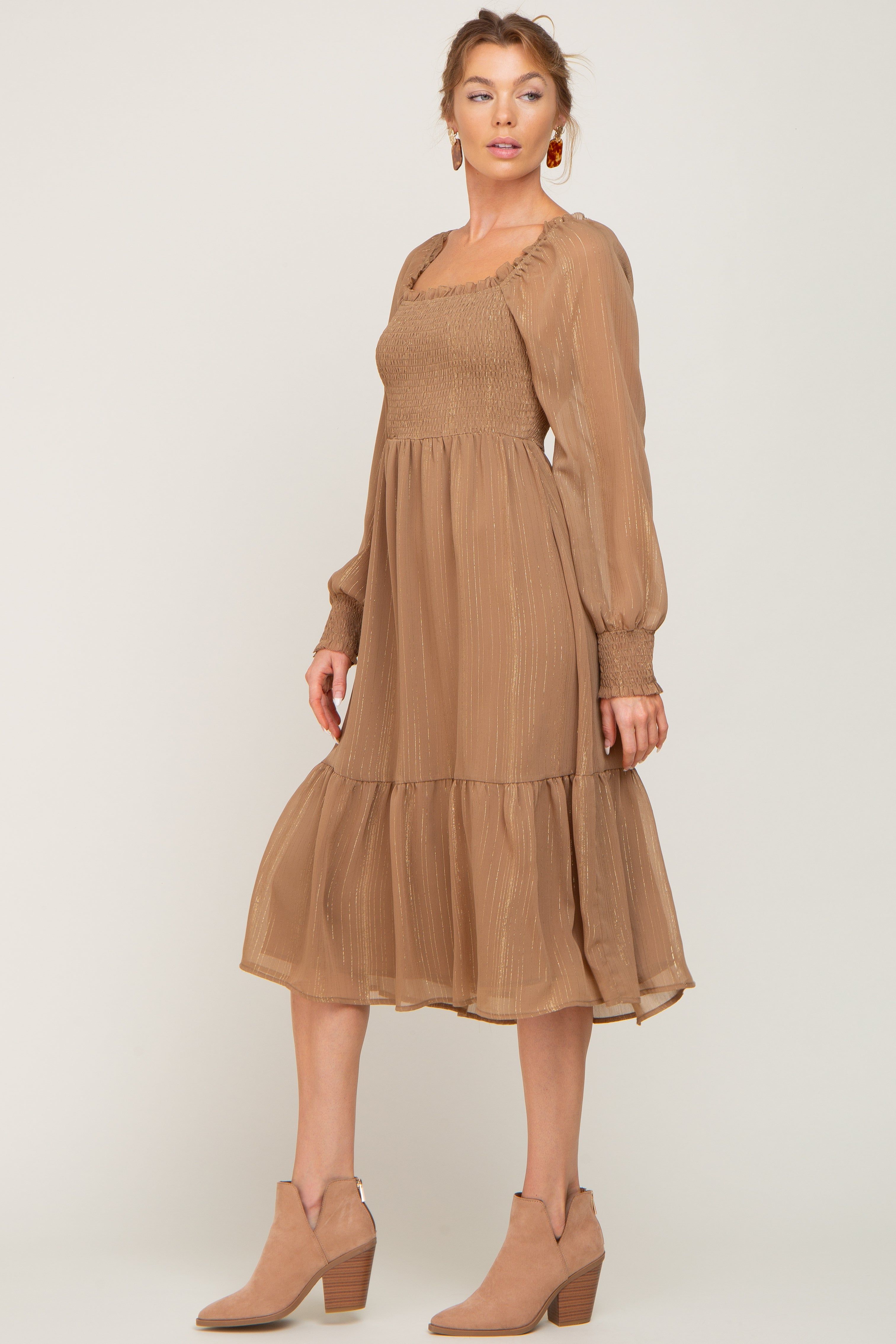 Mocha Shimmer Smocked Long Sleeve Dress sold by Pinkblush product image thumbnail 2