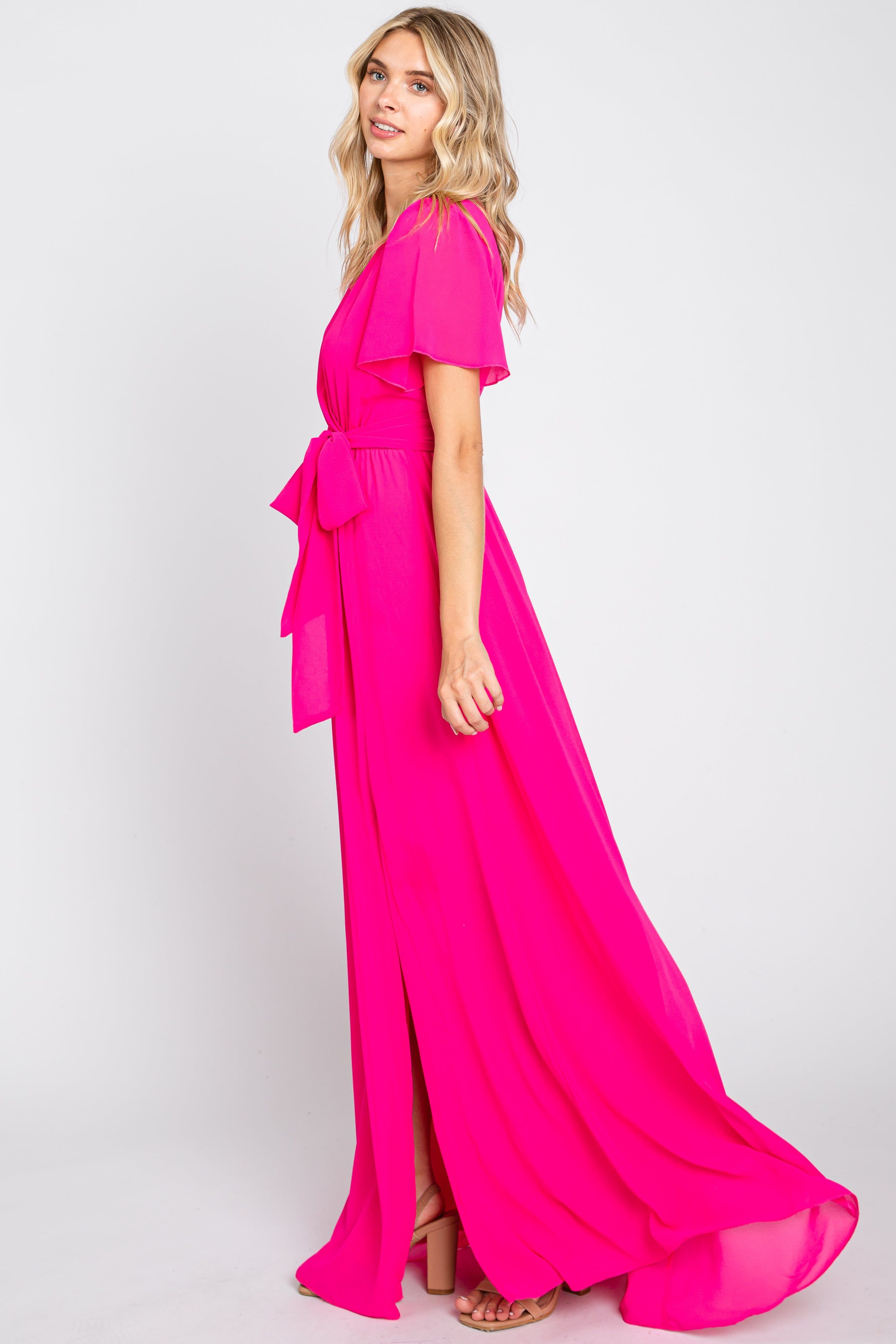 Fuchsia Chiffon Short Sleeve Wrap V-Neck Front Slit Maxi Dress sold by Pinkblush product image thumbnail 2