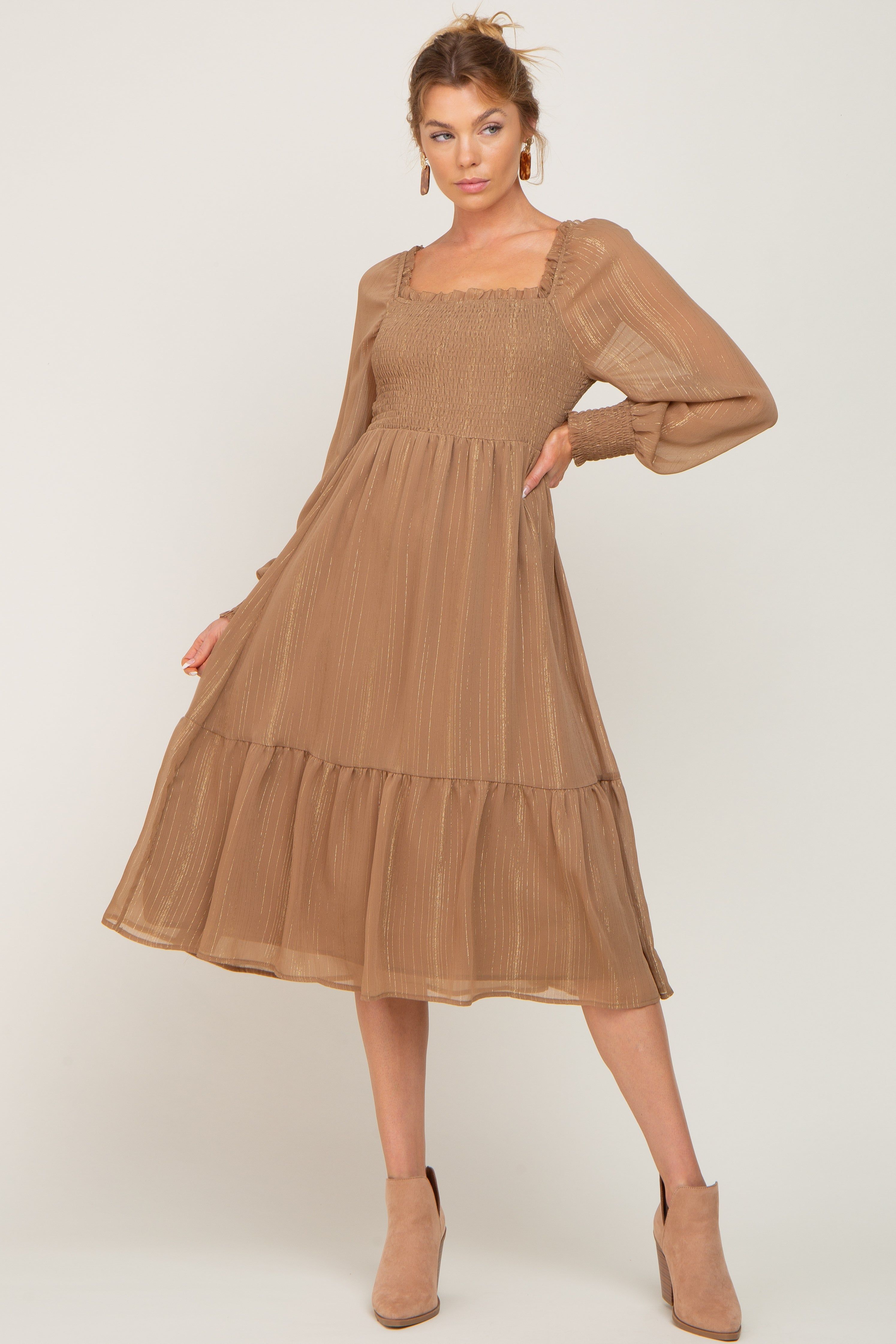Mocha Shimmer Smocked Long Sleeve Dress sold by Pinkblush product image thumbnail 6