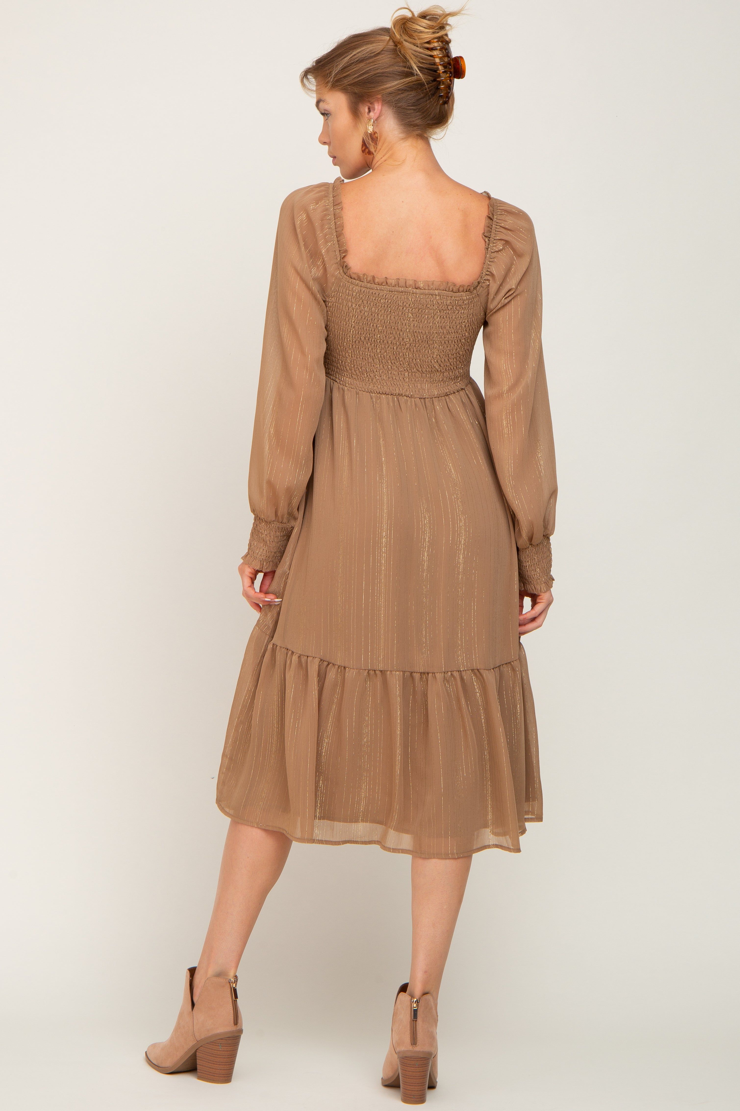 Mocha Shimmer Smocked Long Sleeve Dress sold by Pinkblush product image thumbnail 3