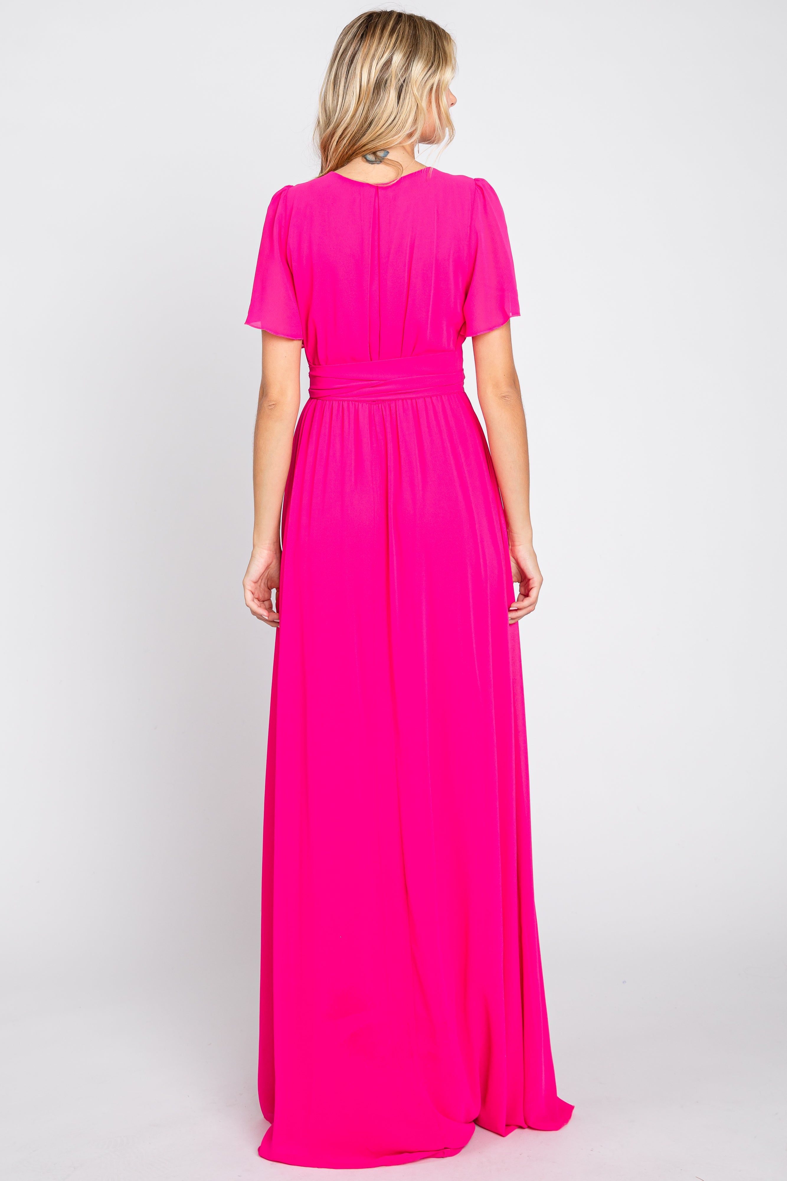 Fuchsia Chiffon Short Sleeve Wrap V-Neck Front Slit Maxi Dress sold by Pinkblush product image thumbnail 3