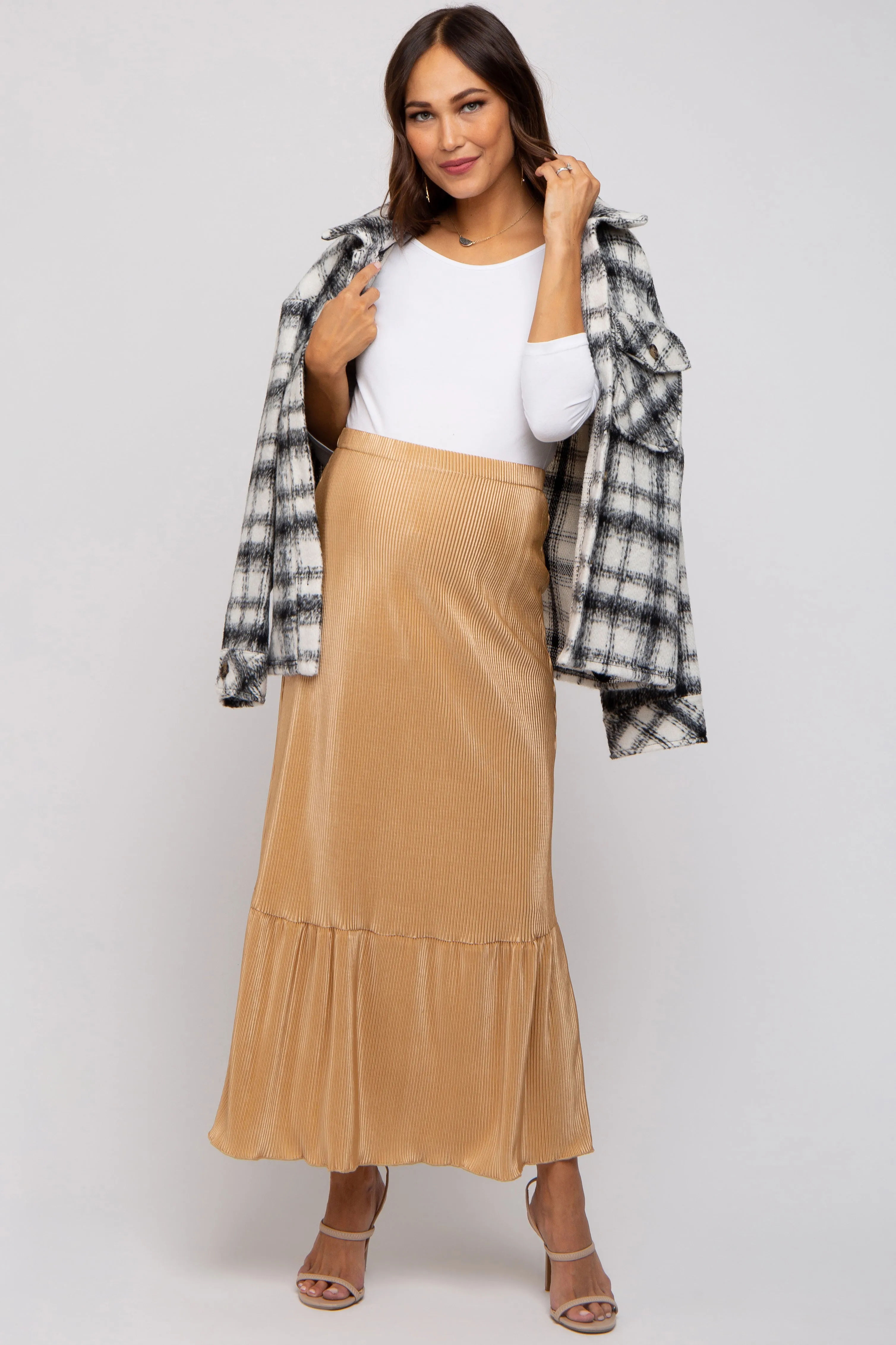 Taupe Plisse Maternity Maxi Skirt sold by Pinkblush