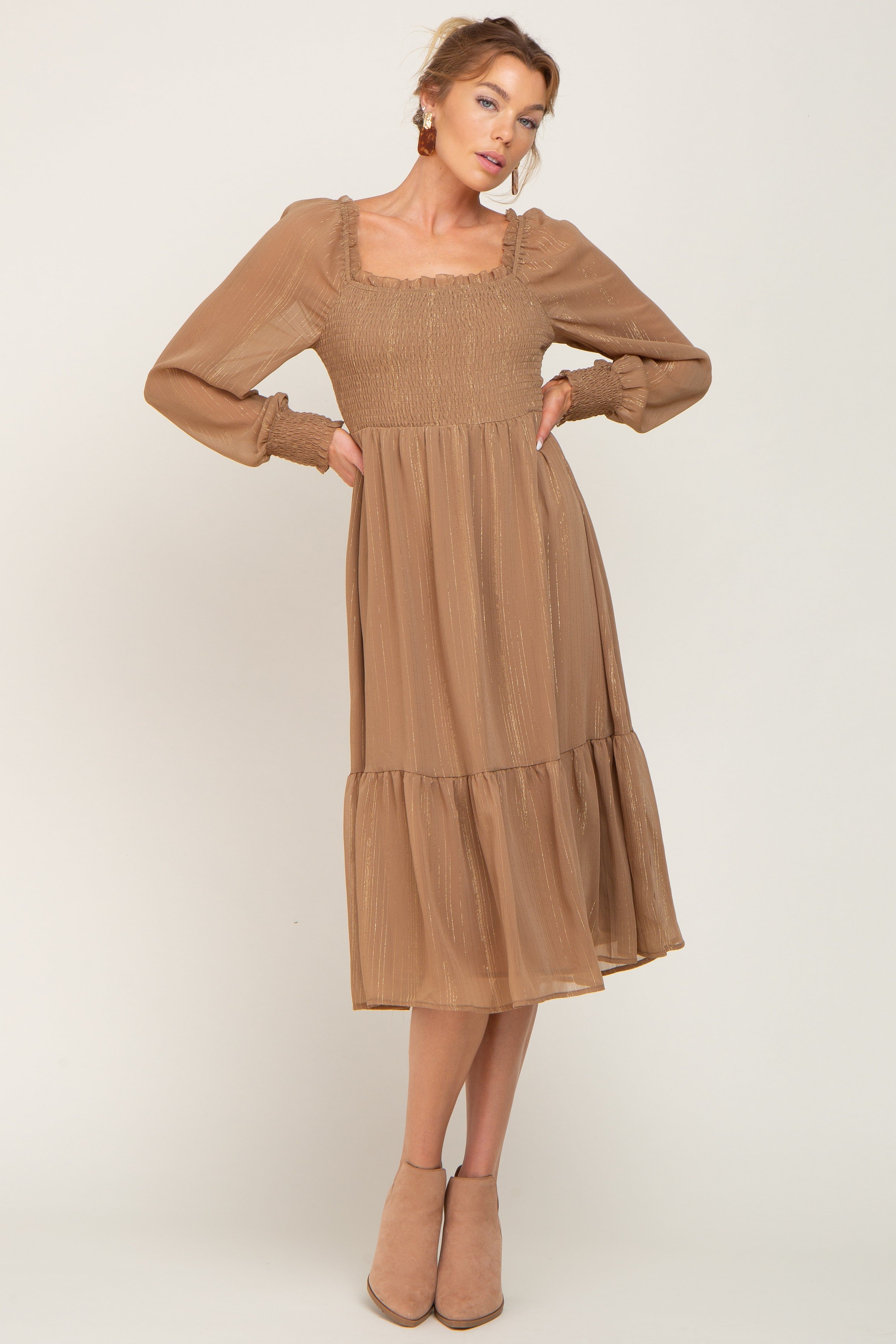 Mocha Shimmer Smocked Long Sleeve Dress sold by Pinkblush product image thumbnail 4