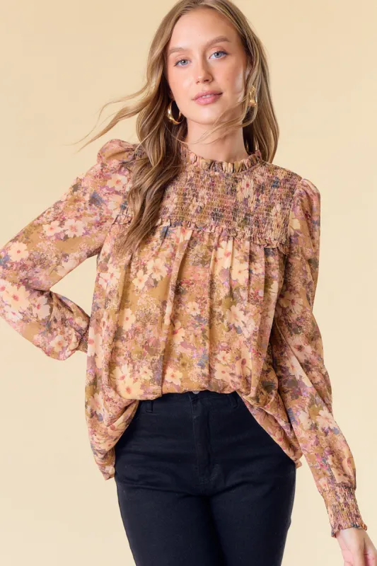 Mustard Smocked York Floral Blouse sold by Pinkblush