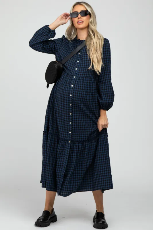 Navy Blue Checkered Button Front Ruffle Neck Maternity Maxi Dress sold by Pinkblush