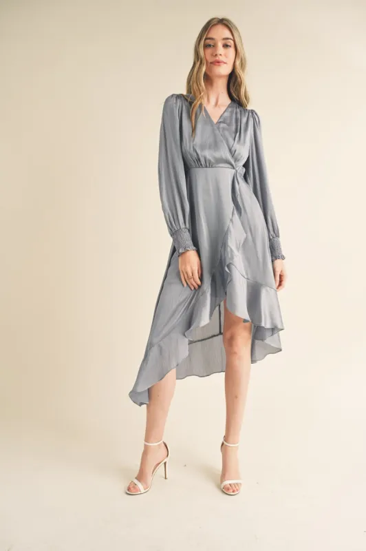 Dusty Blue Ruffled High-Low Midi Dress sold by Pinkblush