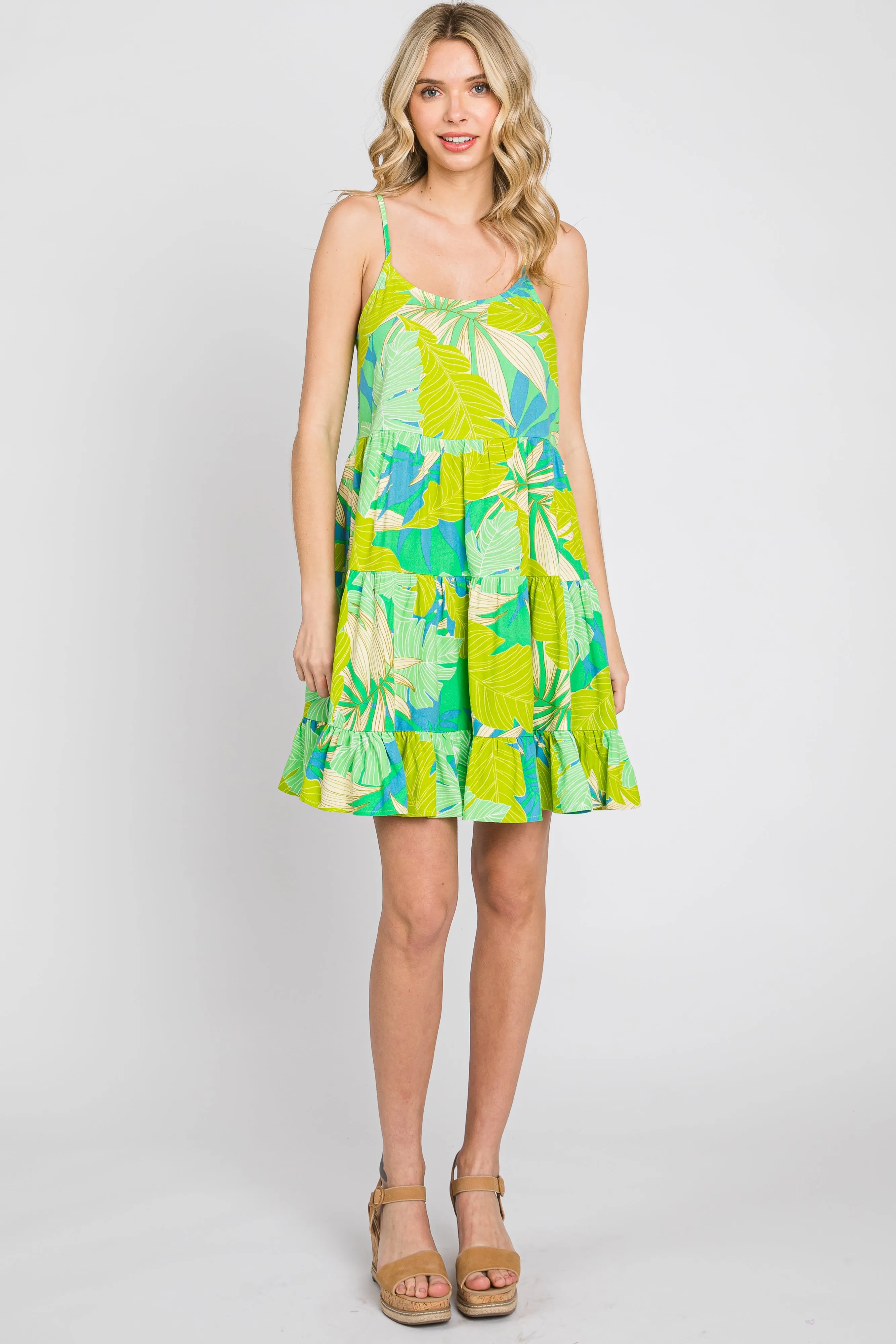 Lime Green Leaf Print Tiered Midi Dress sold by Pinkblush product image thumbnail 4
