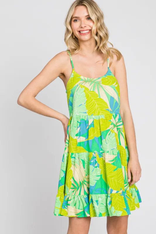 Lime Green Leaf Print Tiered Midi Dress sold by Pinkblush