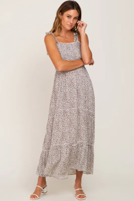 Cream Animal Print Smocked Midi Dress sold by Pinkblush