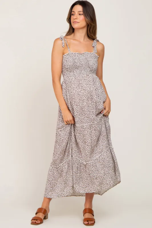 Cream Animal Print Smocked Maternity Midi Dress sold by Pinkblush