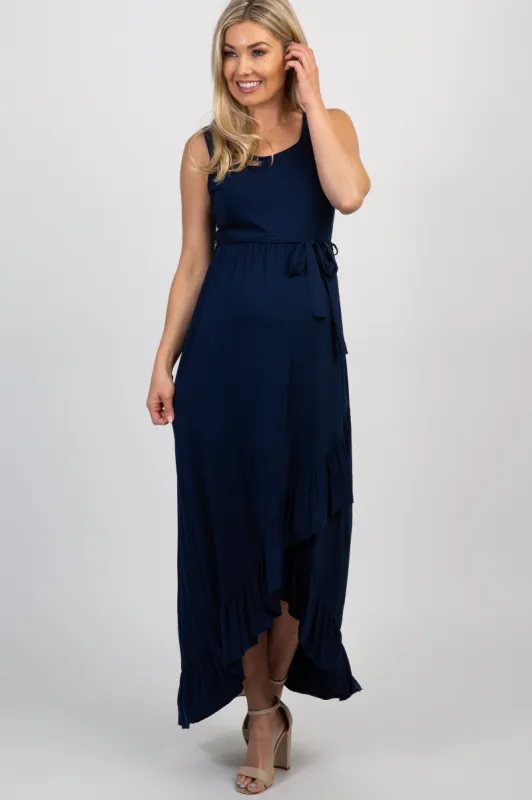 PinkBlush Navy Sleeveless Hi-Low Ruffle Trim Maternity Maxi Dress sold by Pinkblush